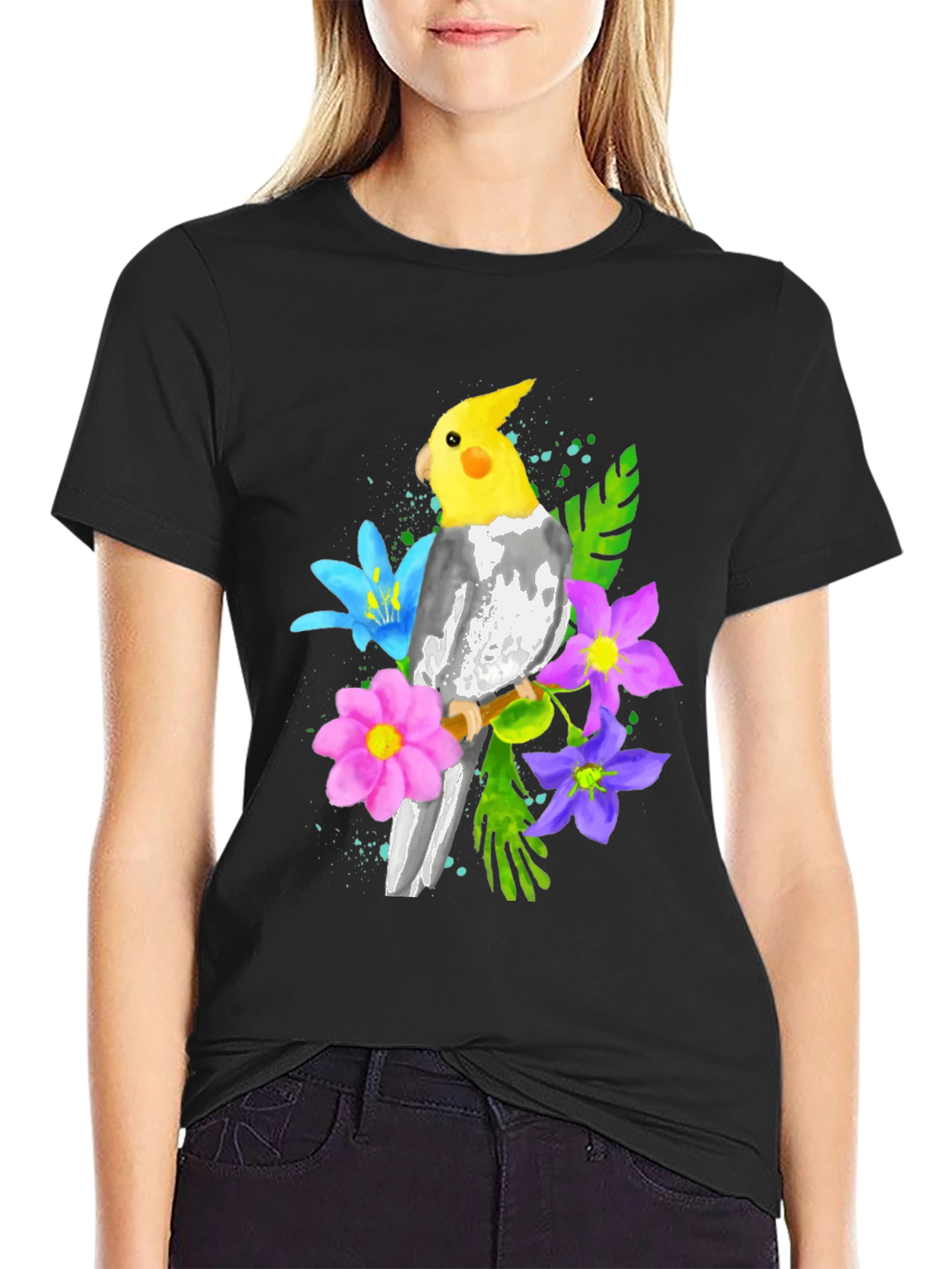 Cockatiel and Flowers Graphic T-Shirt