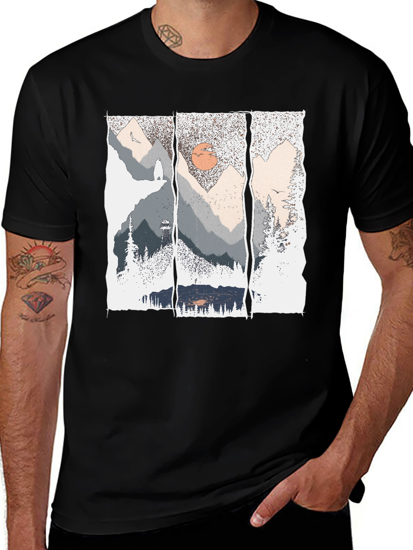 Nature Triptych Graphic Tee - Black Cotton Blend Shirt