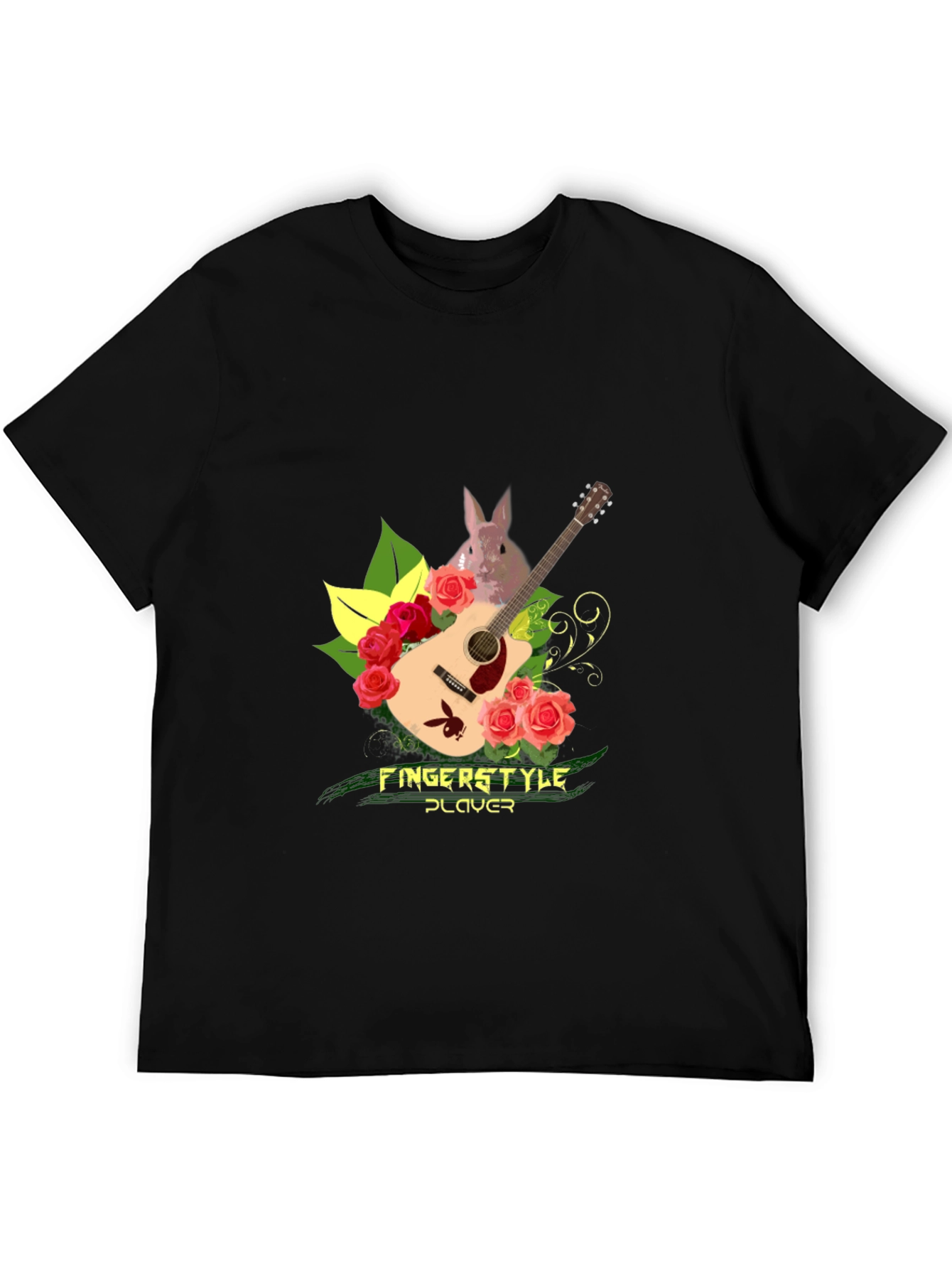 Fingerstyle Player T-Shirt - Guitar Roses and Bunny Design
