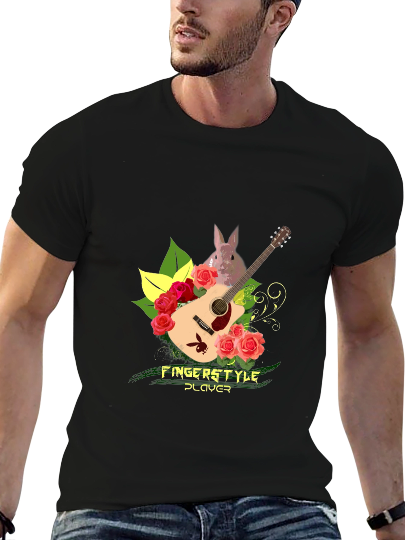 Fingerstyle Player T-Shirt - Guitar Roses and Bunny Design