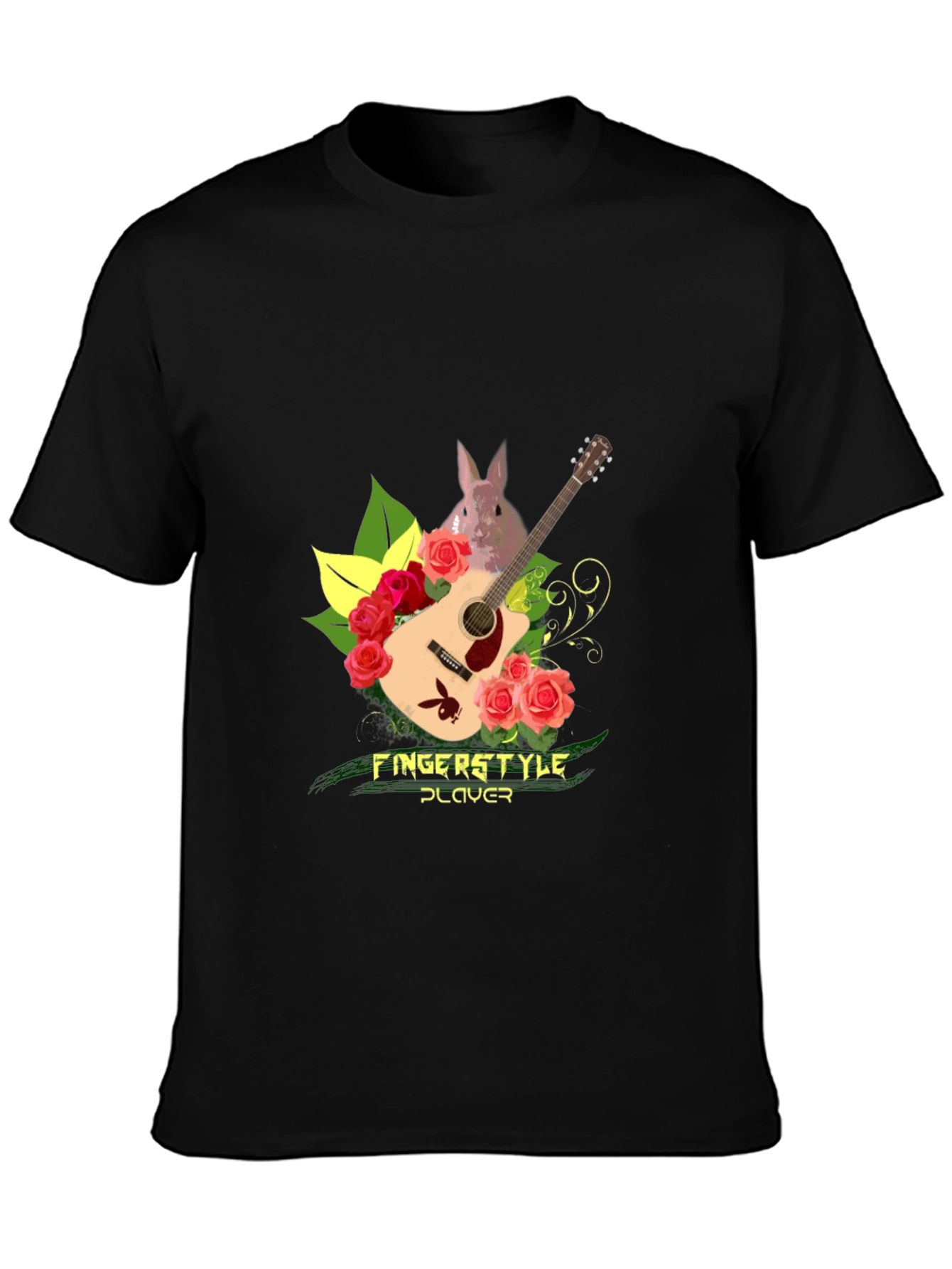 Fingerstyle Player T-Shirt - Guitar Roses and Bunny Design