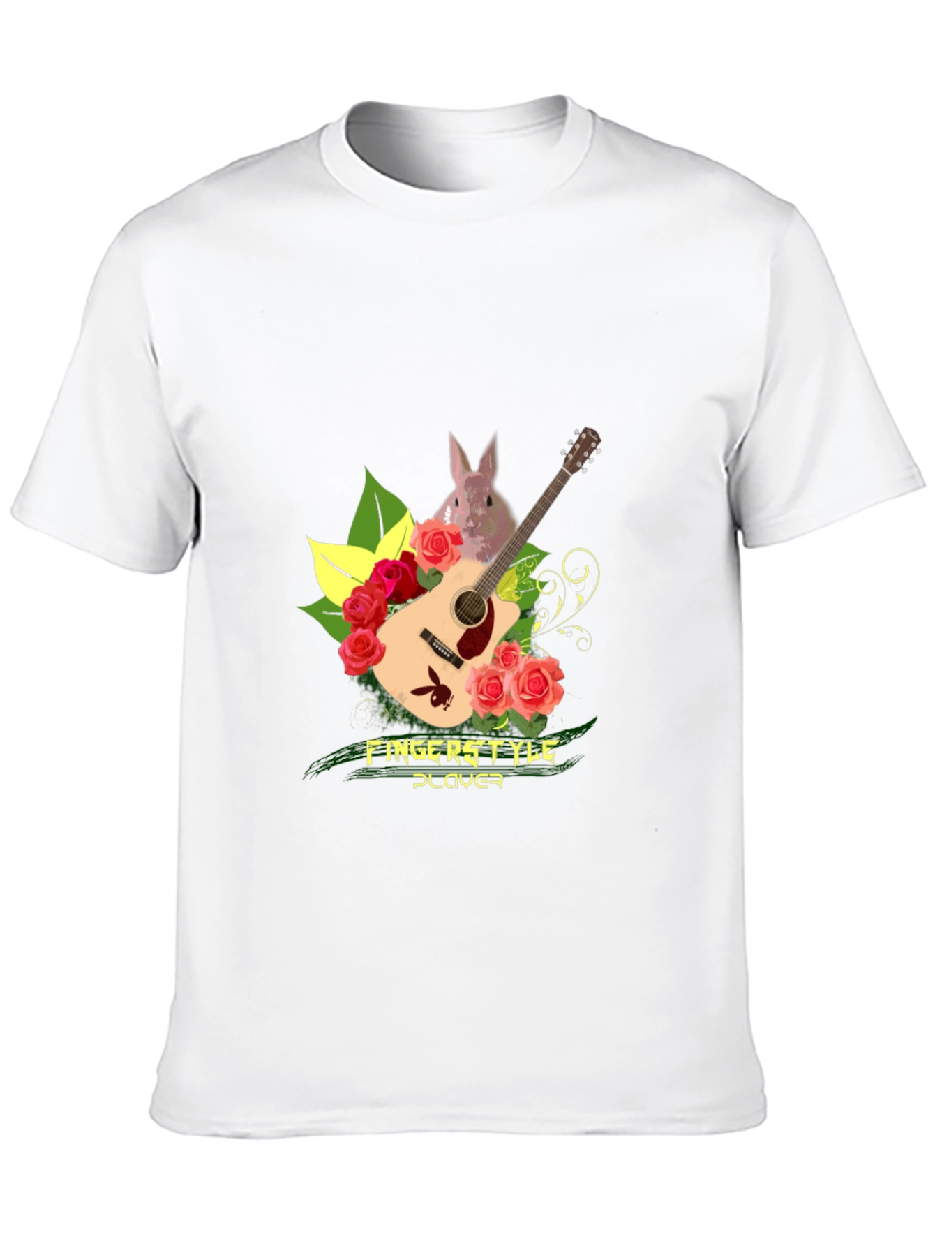 Fingerstyle Player T-Shirt - Guitar Roses and Bunny Design
