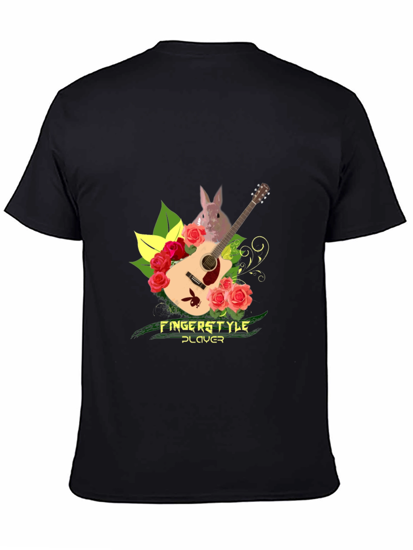 Fingerstyle Player T-Shirt - Guitar Roses and Bunny Design