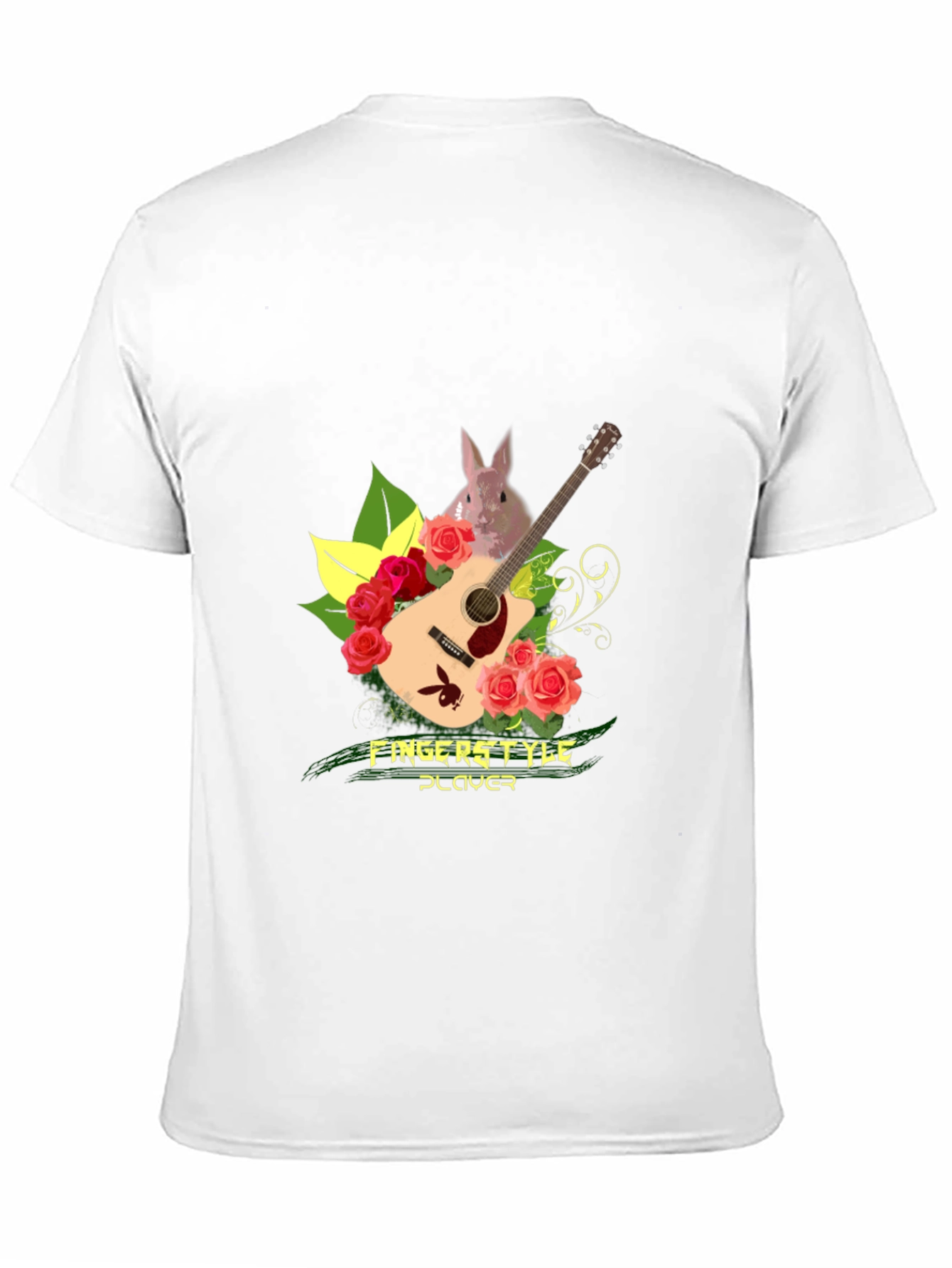 Fingerstyle Player T-Shirt - Guitar Roses and Bunny Design