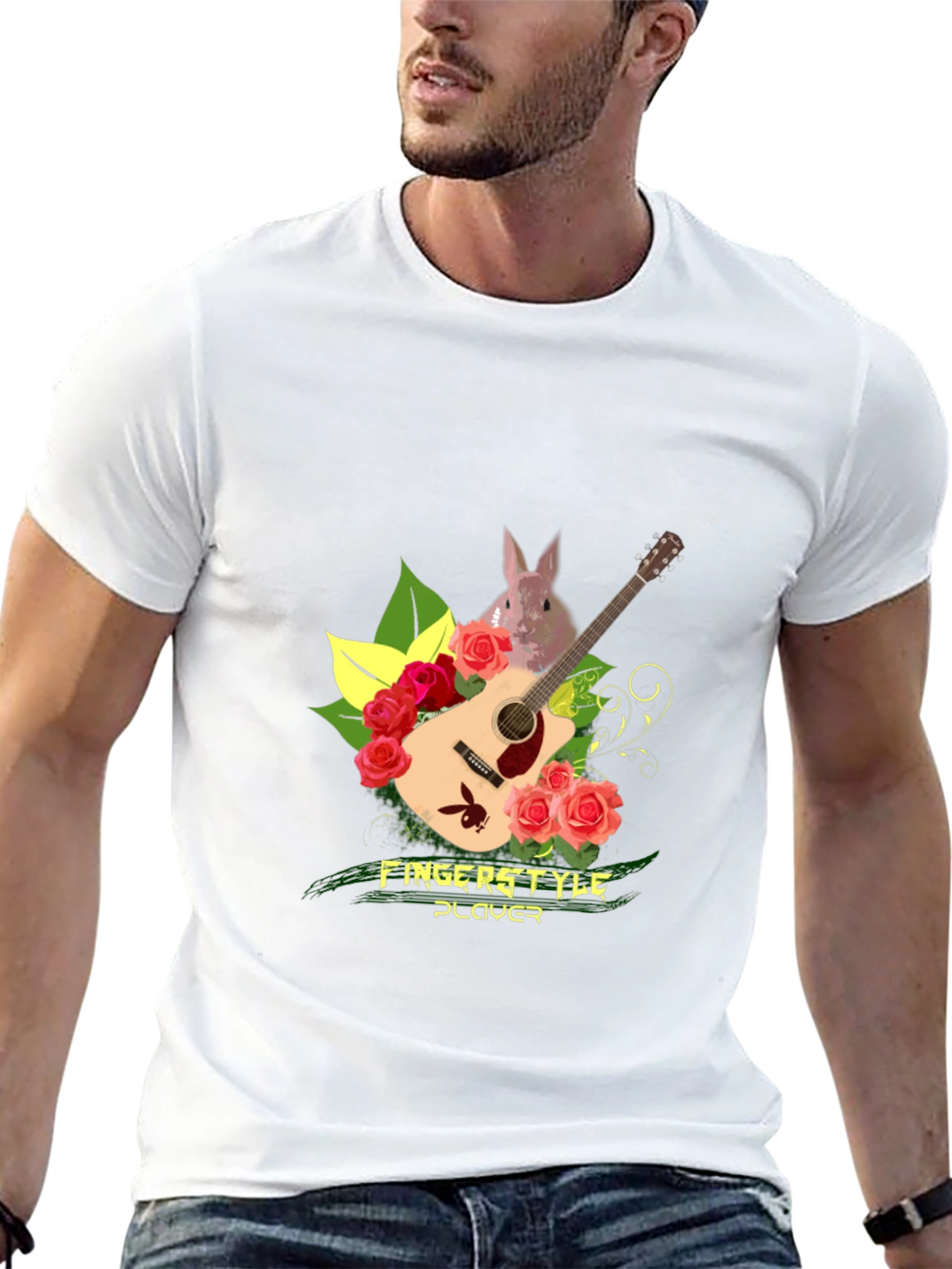 Fingerstyle Player T-Shirt - Guitar Roses and Bunny Design