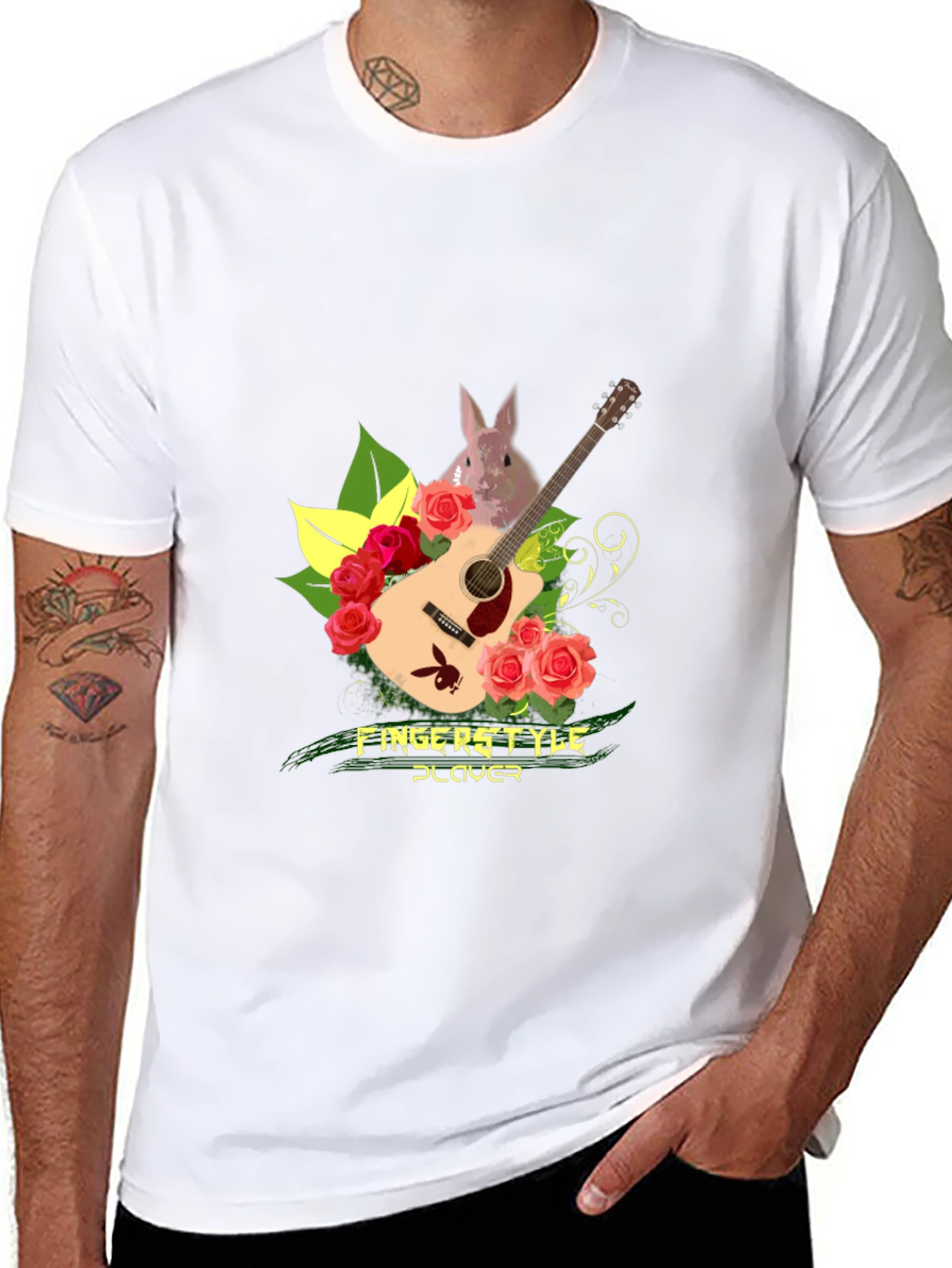Fingerstyle Player T-Shirt - Guitar Roses and Bunny Design