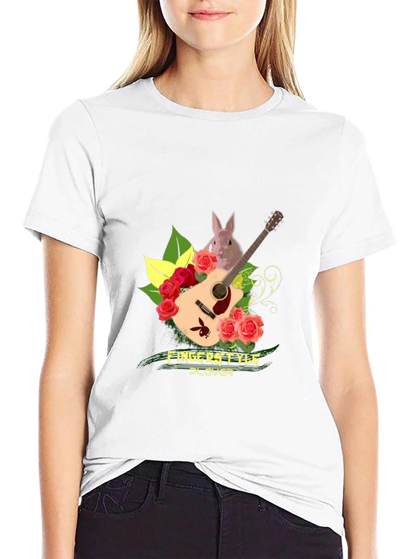 Fingerstyle Player T-Shirt - Guitar Roses and Bunny Design