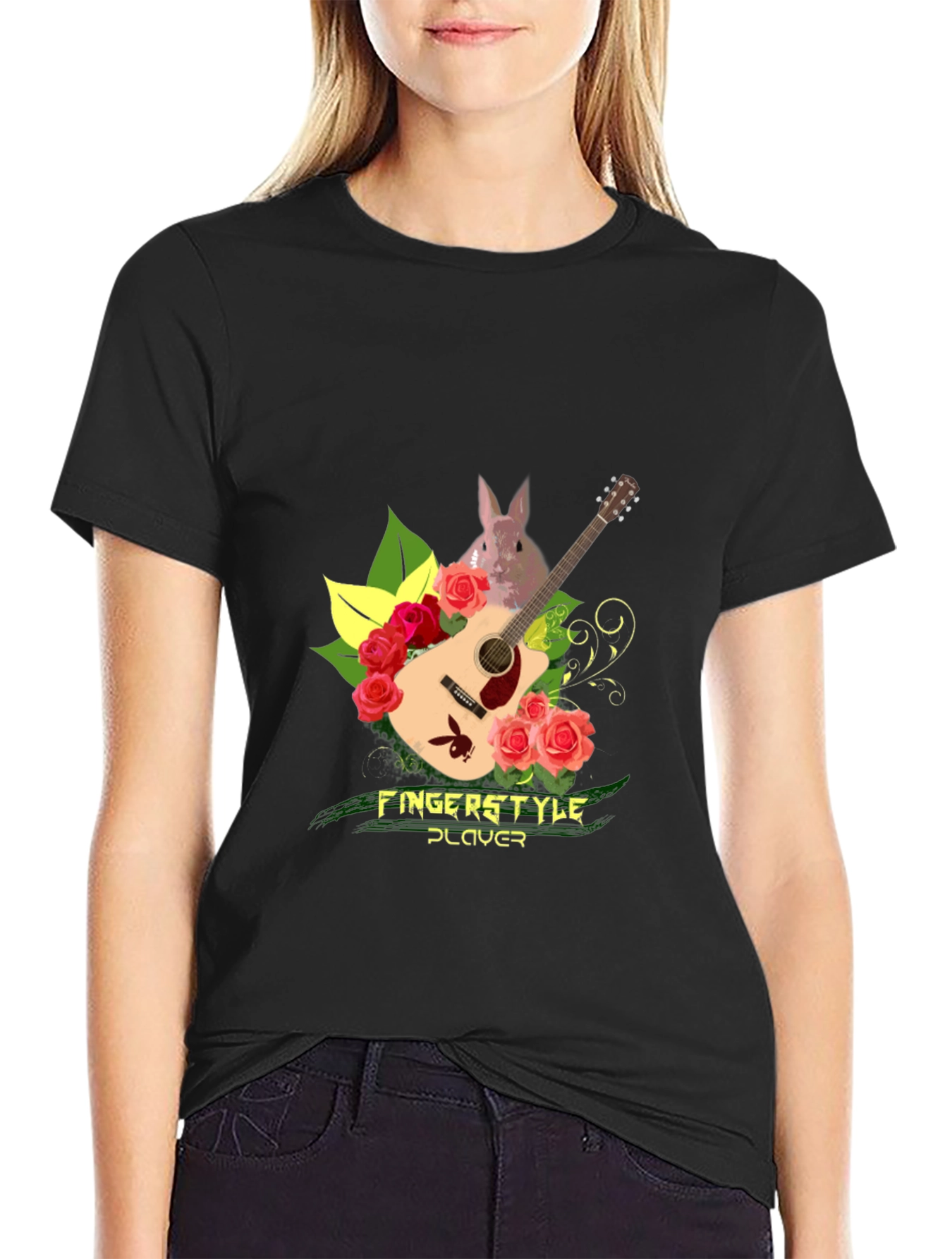 Fingerstyle Player T-Shirt - Guitar Roses and Bunny Design
