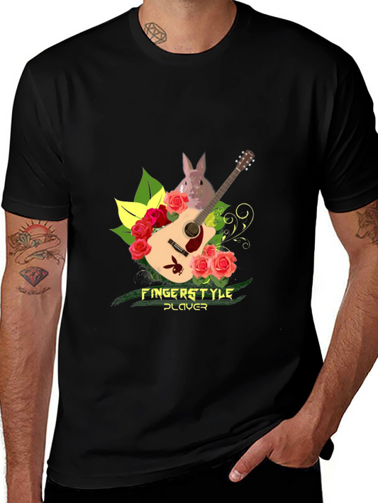 Fingerstyle Player T-Shirt - Guitar Roses and Bunny Design