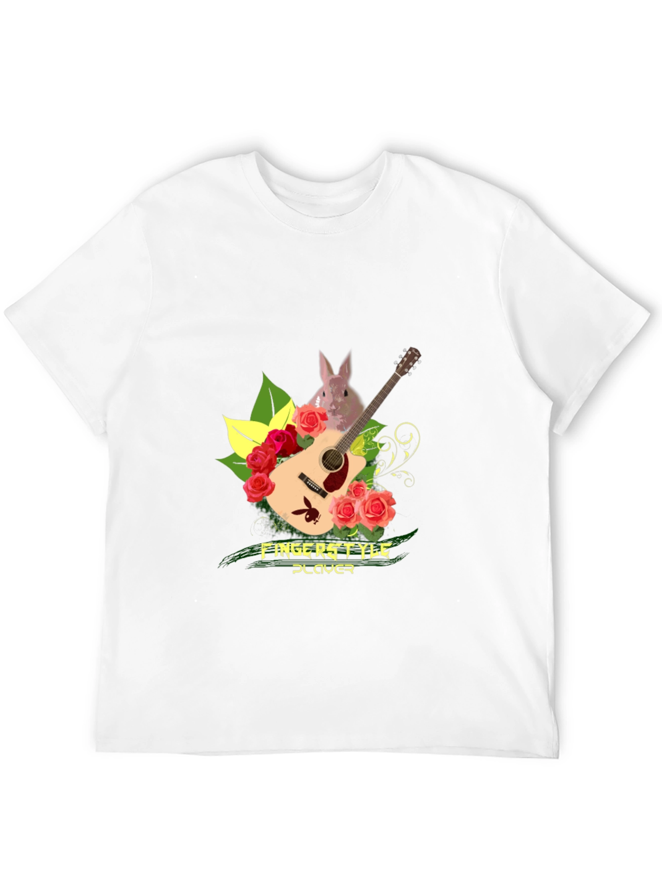Fingerstyle Player T-Shirt - Guitar Roses and Bunny Design