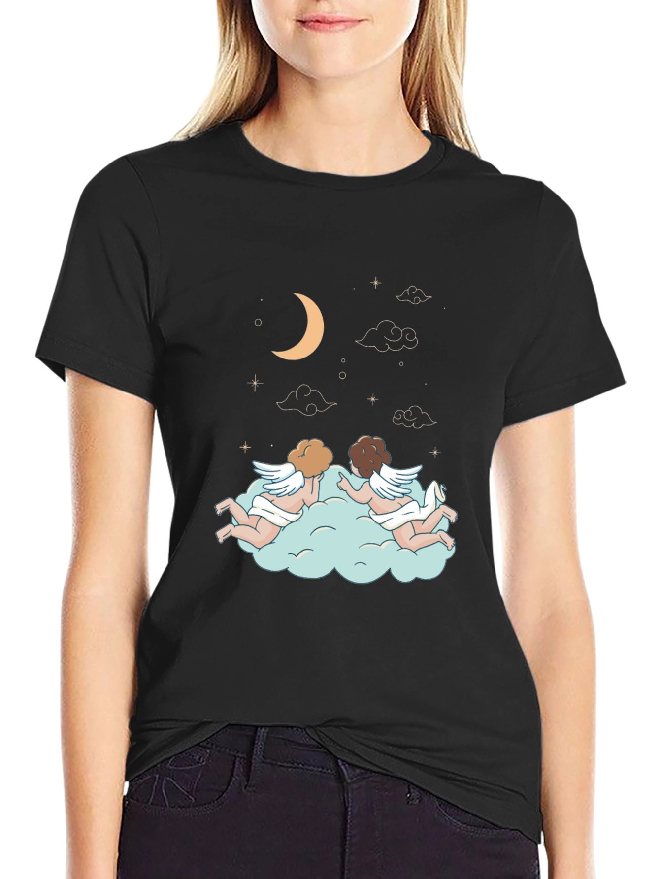 Dreamy Angel Cloud Graphic Tee - Stylish Black T-Shirt