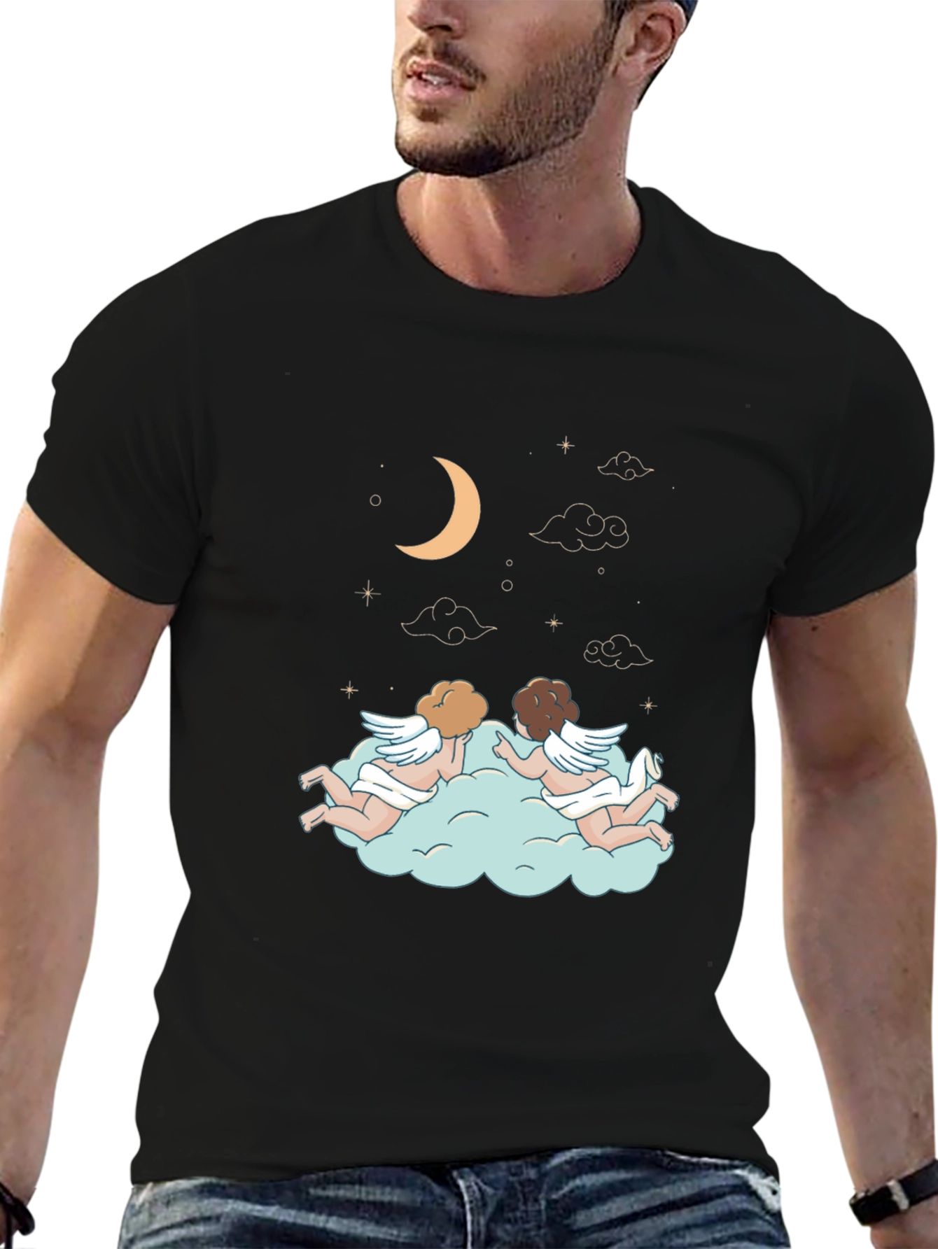 Dreamy Angel Cloud Graphic Tee - Stylish Black T-Shirt