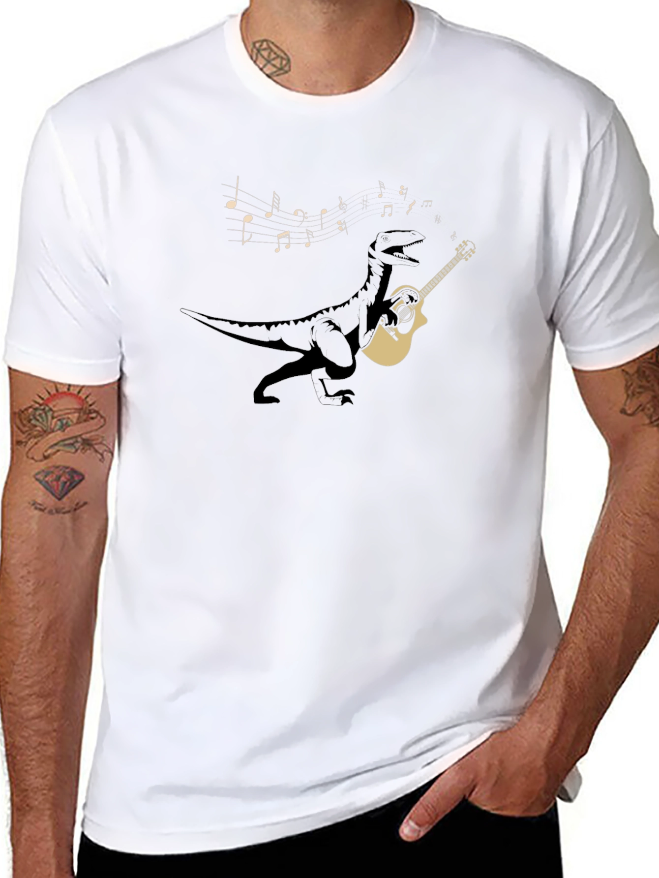 Dino Guitar Player Black T-Shirt