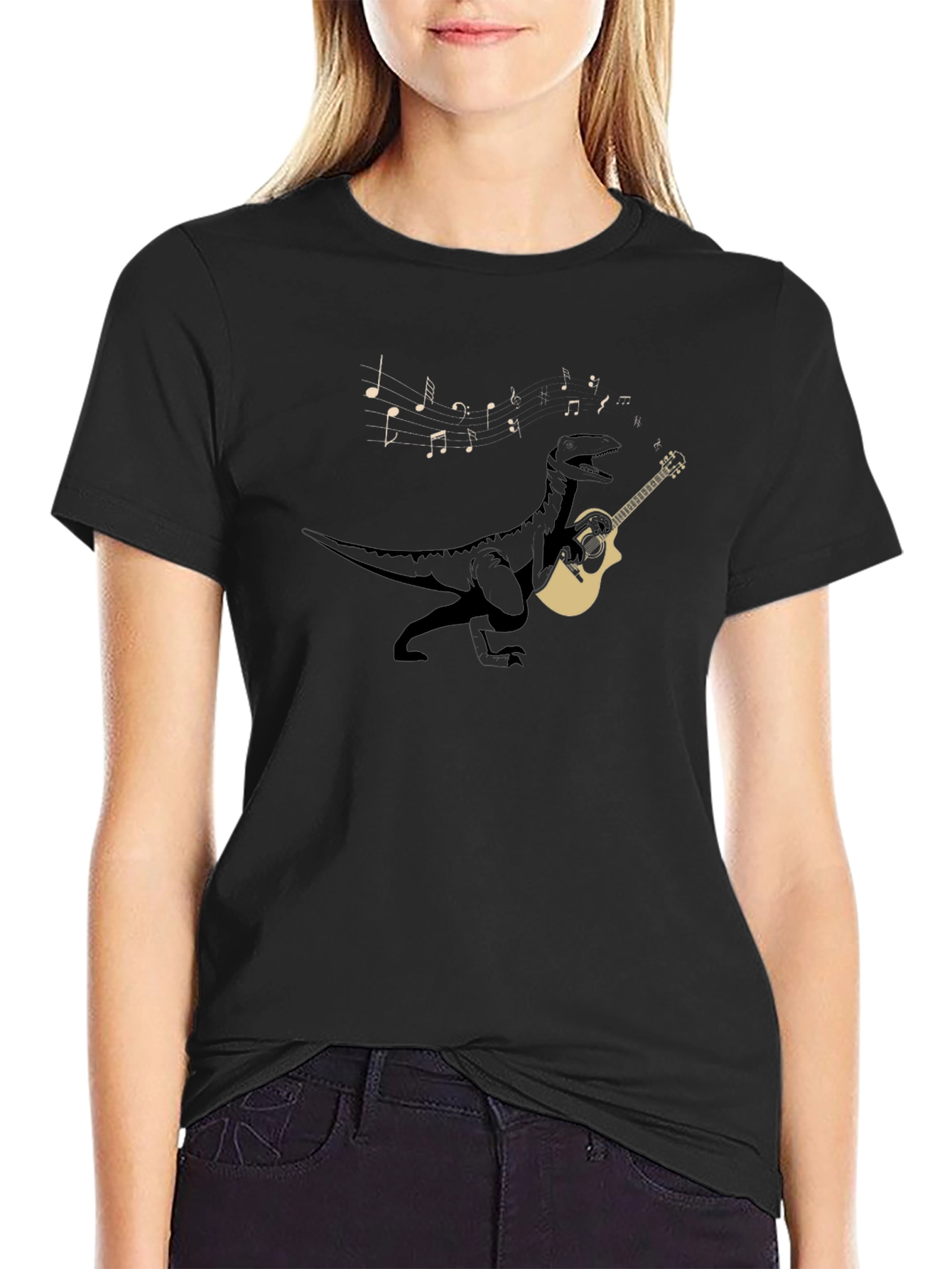 Dino Guitar Player Black T-Shirt