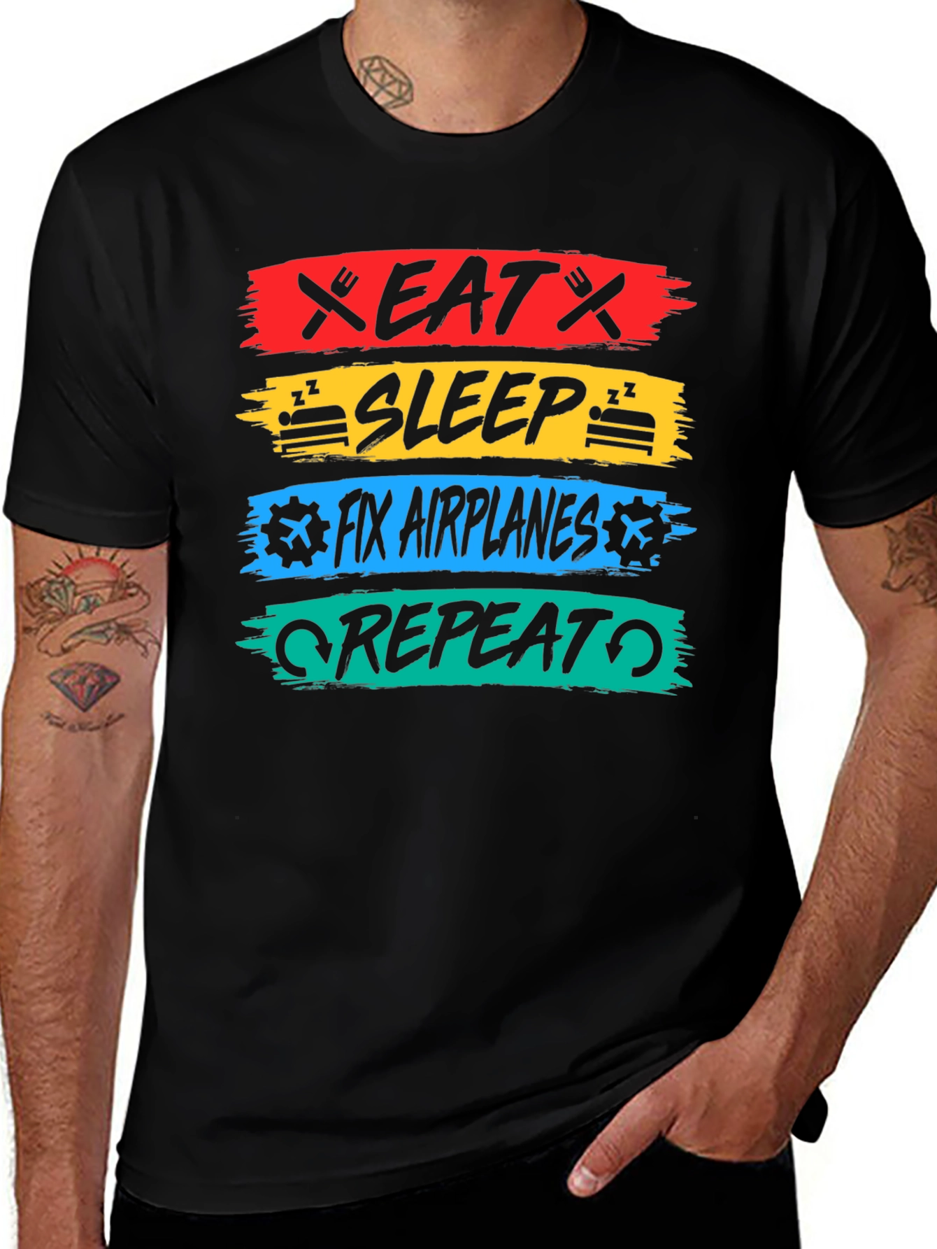 Eat Sleep Fix Airplanes Repeat Black T-Shirt