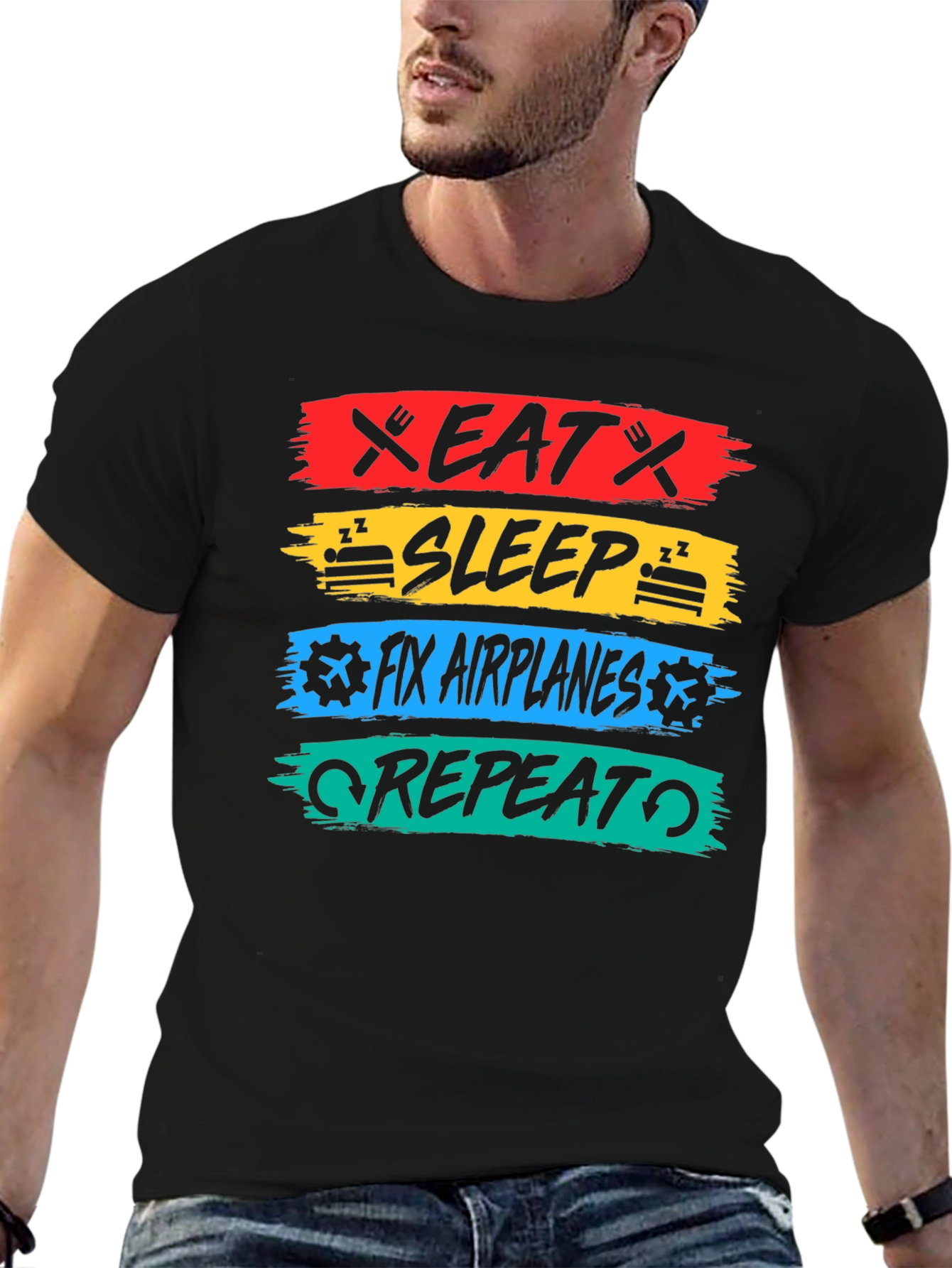 Eat Sleep Fix Airplanes Repeat Black T-Shirt