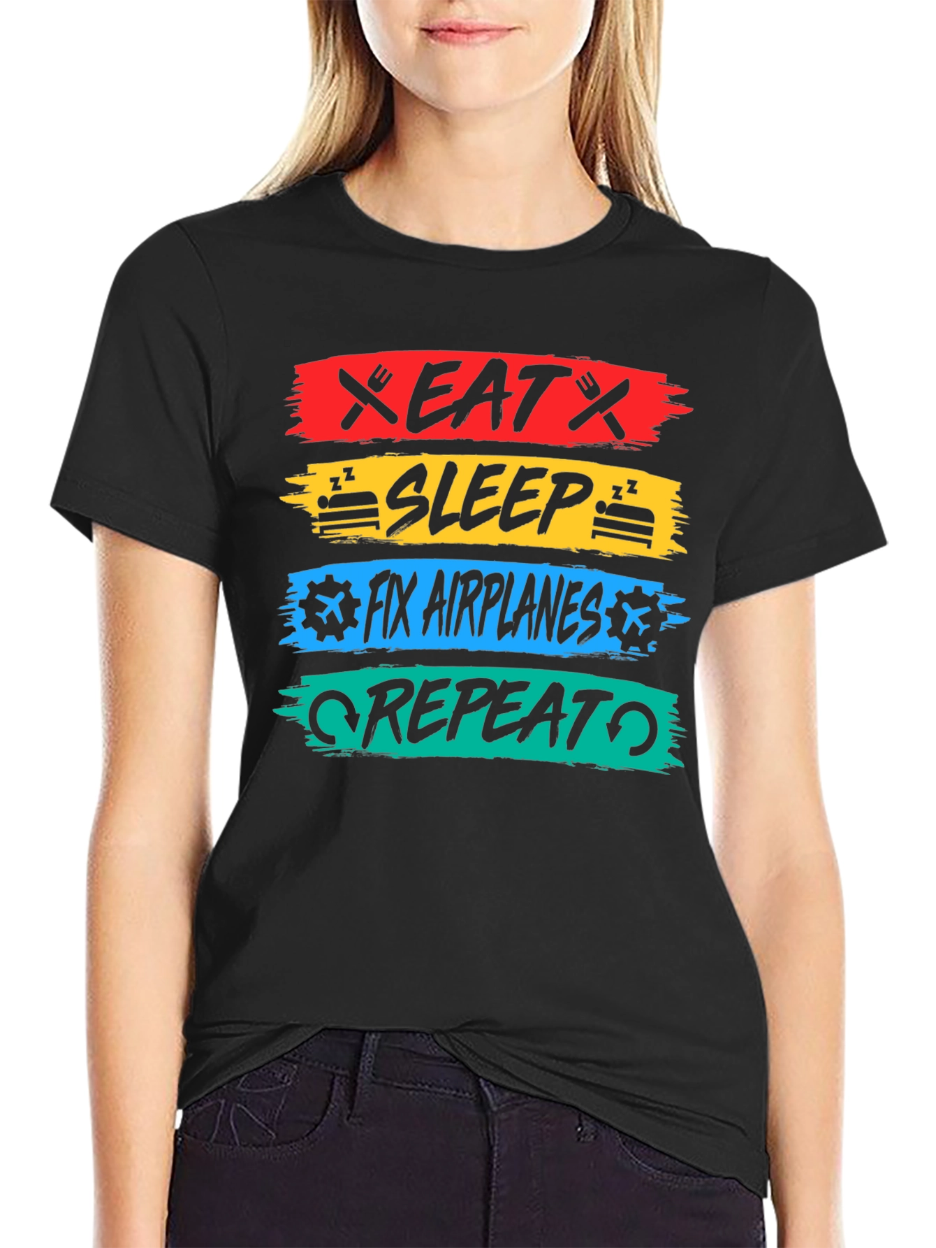 Eat Sleep Fix Airplanes Repeat Black T-Shirt