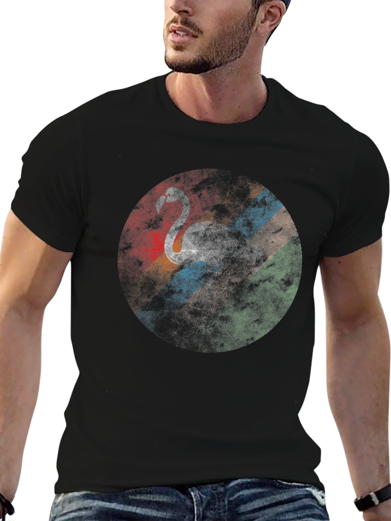 Retro Flamingo Graphic Tee - Casual Black T-Shirt