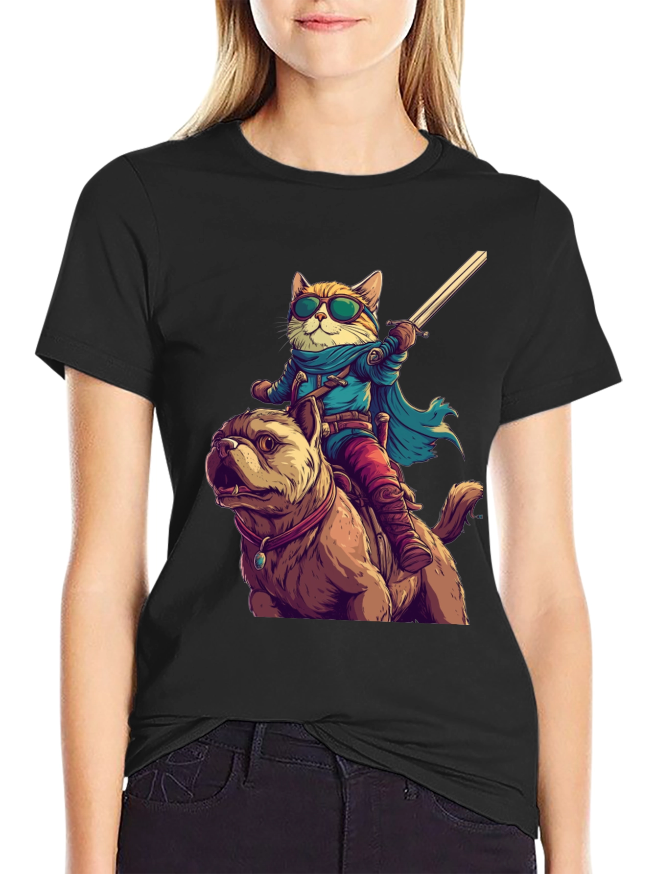 Cat Riding Dog T-Shirt - Novelty Cartoon Tee