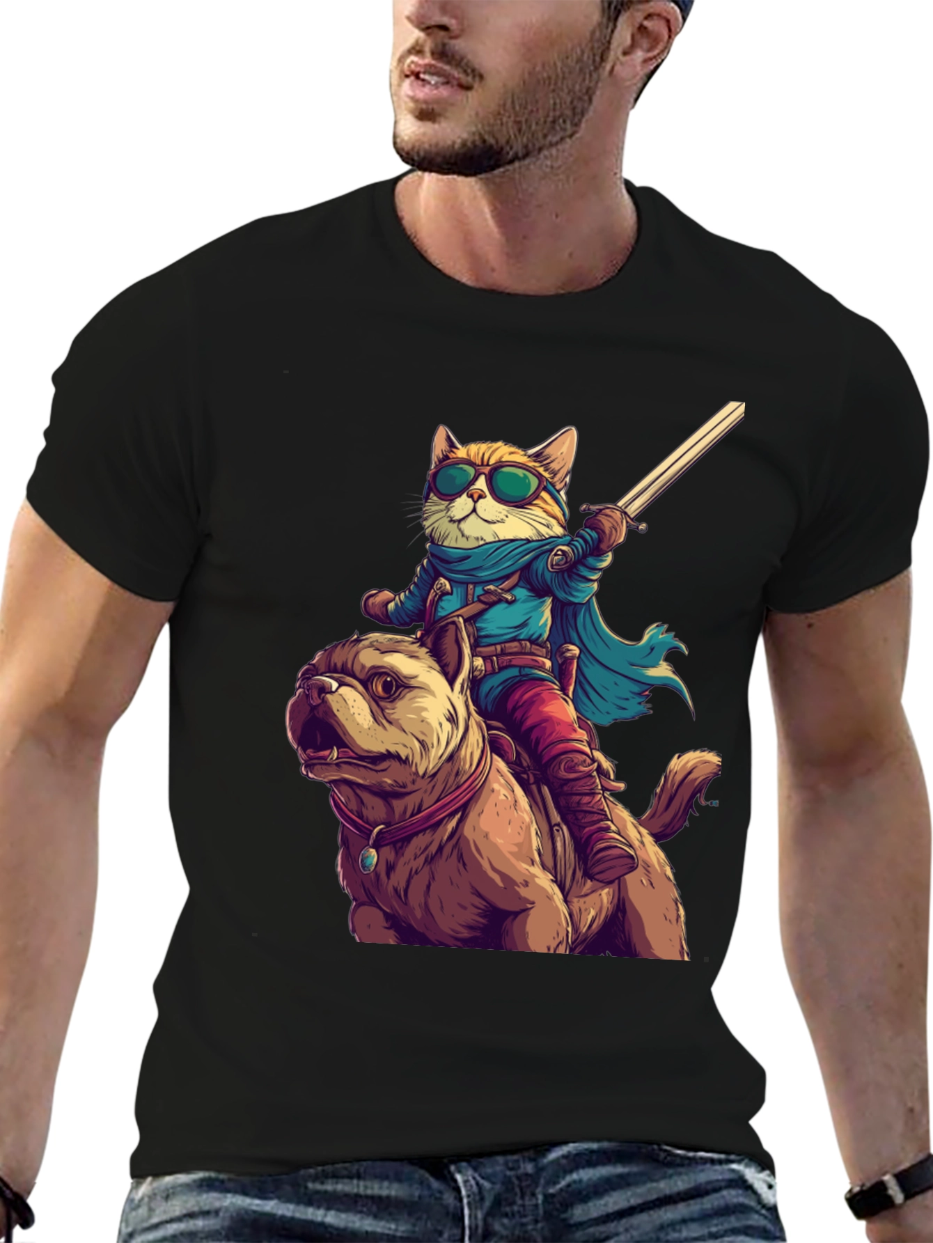 Cat Riding Dog T-Shirt - Novelty Cartoon Tee