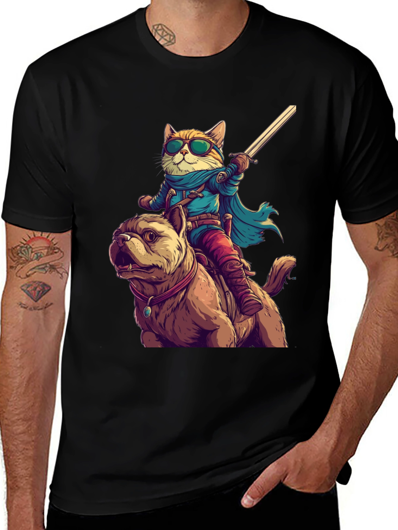 Cat Riding Dog T-Shirt - Novelty Cartoon Tee