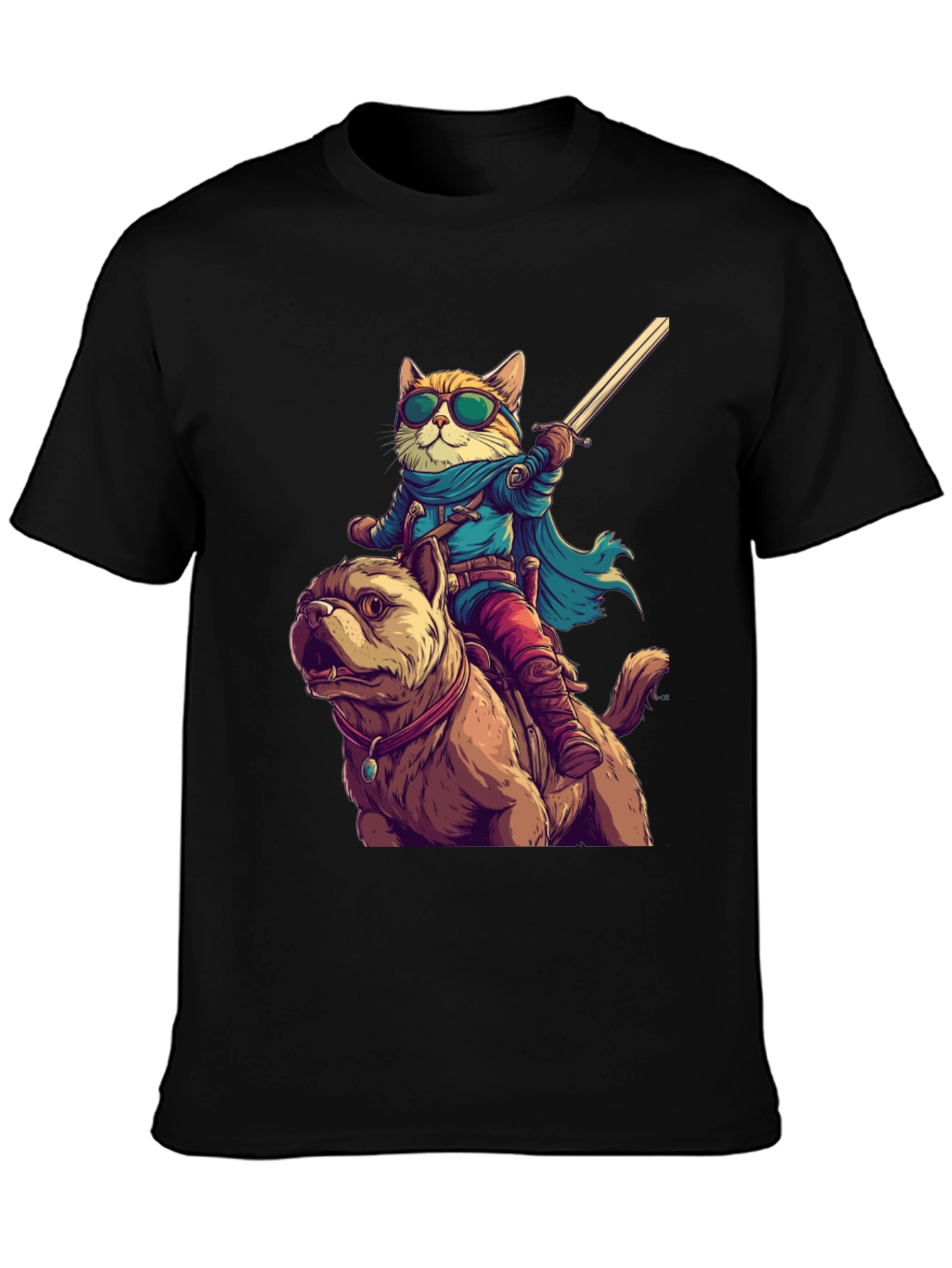 Cat Riding Dog T-Shirt - Novelty Cartoon Tee