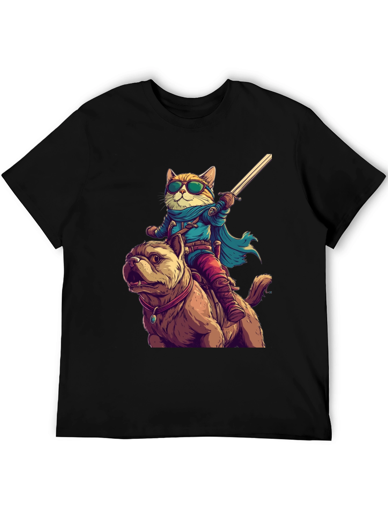 Cat Riding Dog T-Shirt - Novelty Cartoon Tee
