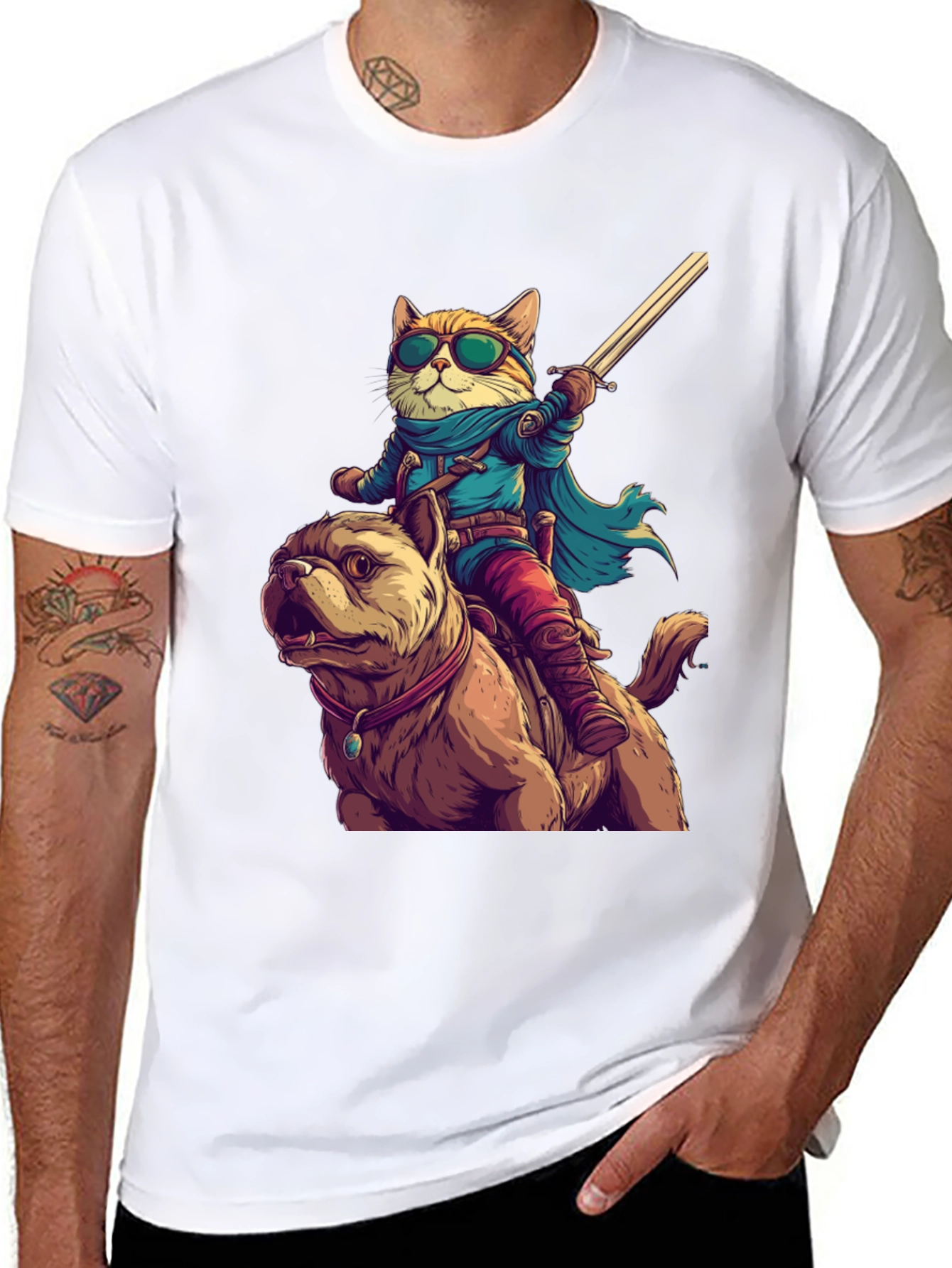 Cat Riding Dog T-Shirt - Novelty Cartoon Tee