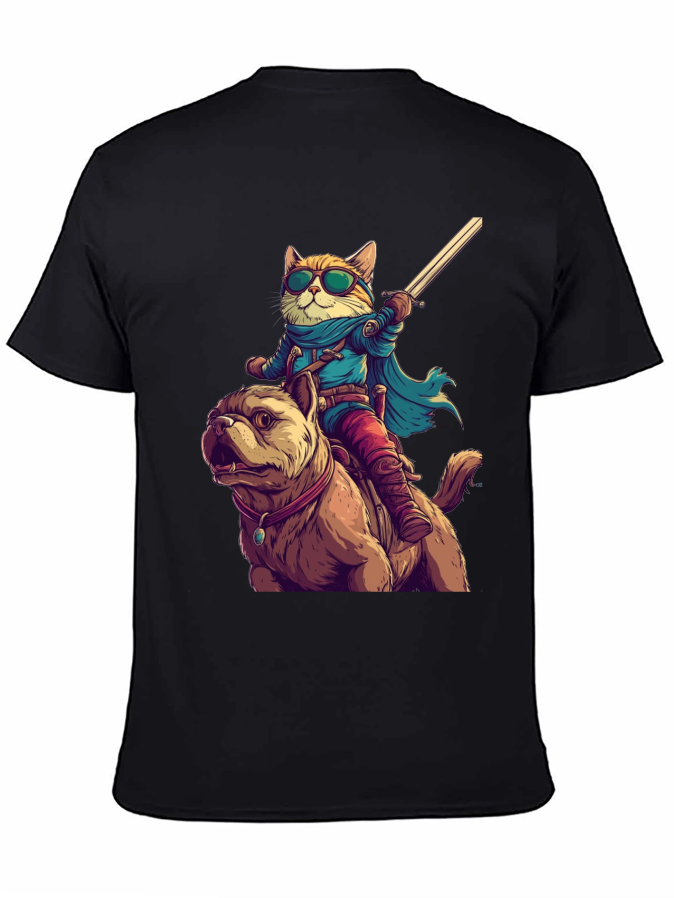 Cat Riding Dog T-Shirt - Novelty Cartoon Tee