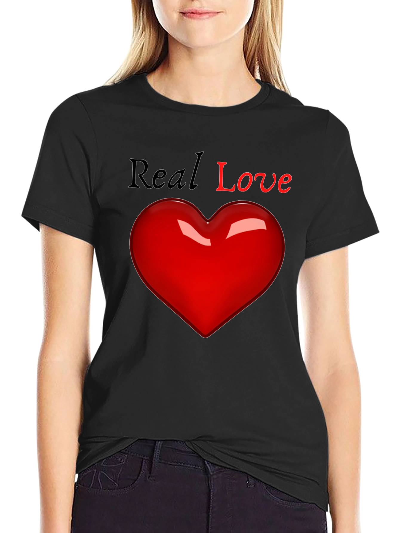 Real Love Black T-Shirt with Heart Graphic