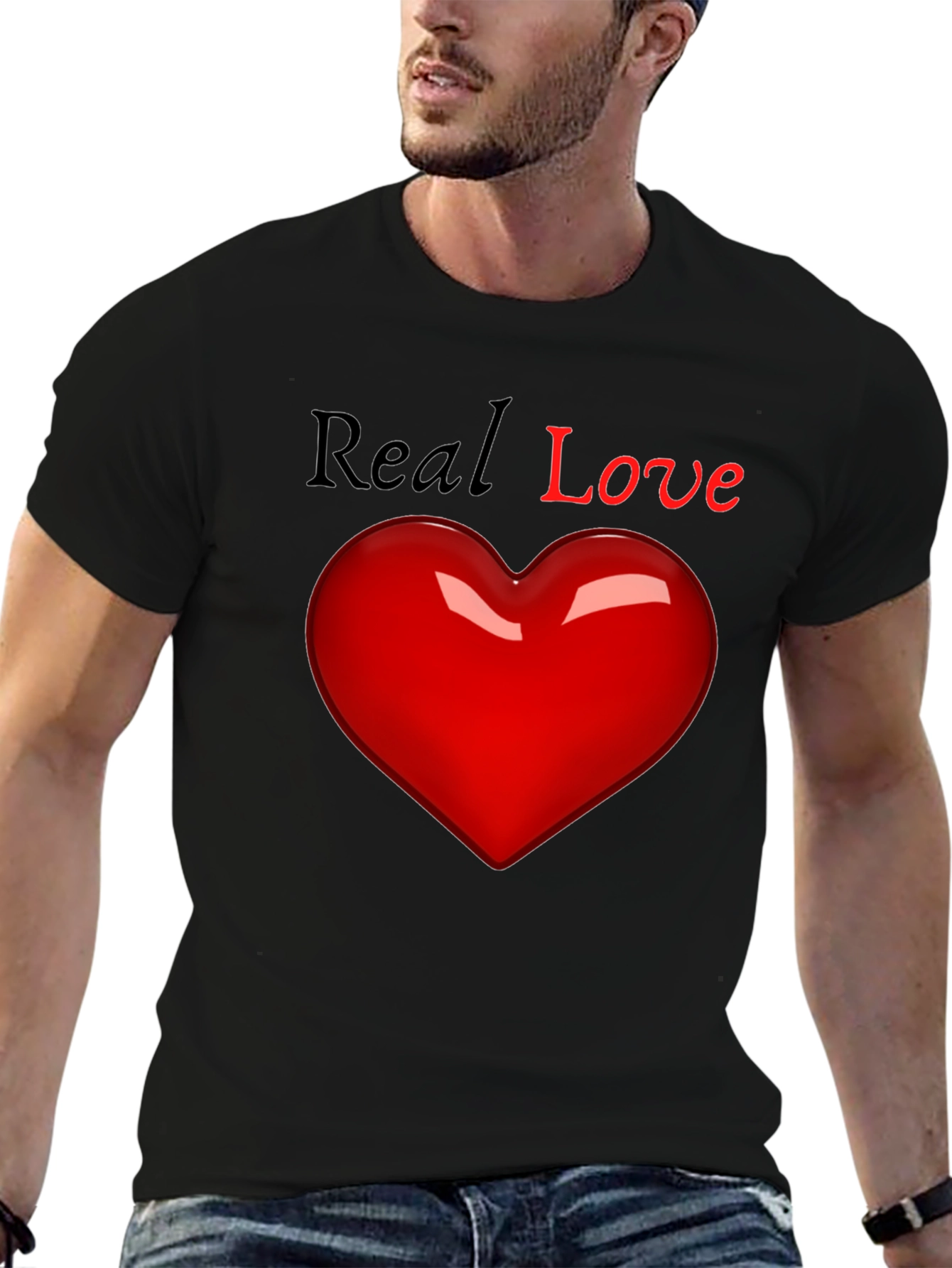 Real Love Black T-Shirt with Heart Graphic