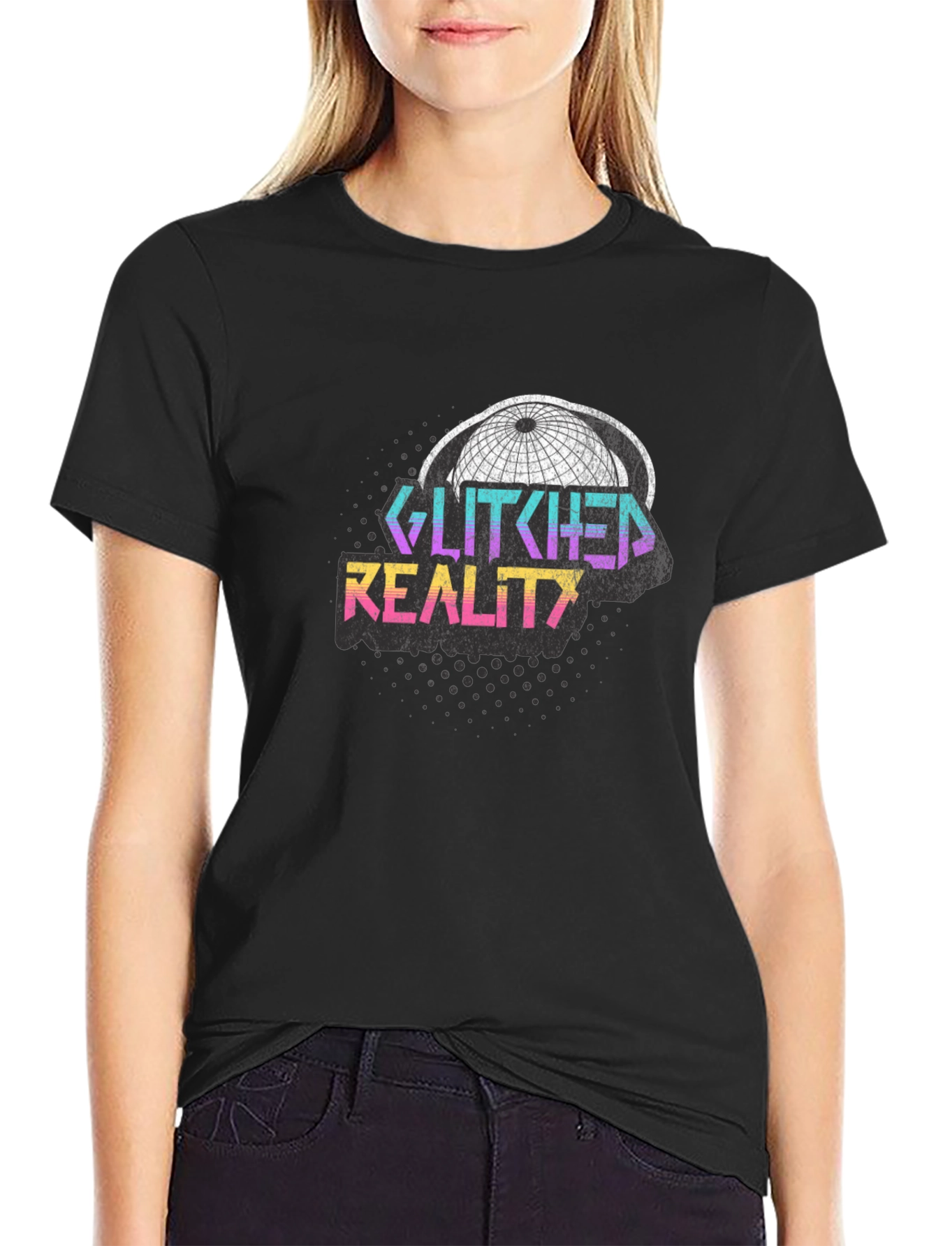 Glitched Reality Graphic Tee - Retro Style Black T-Shirt
