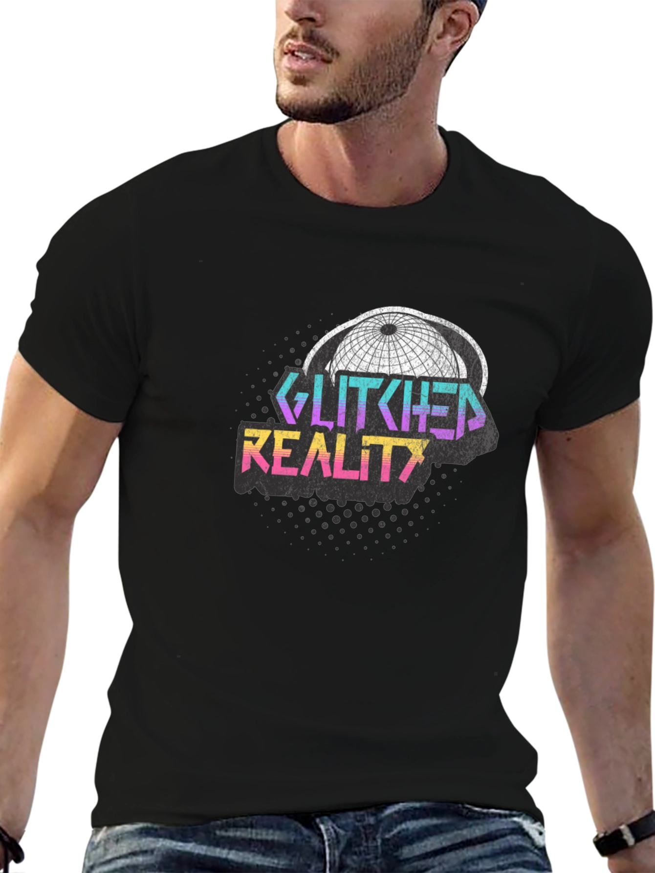 Glitched Reality Graphic Tee - Retro Style Black T-Shirt