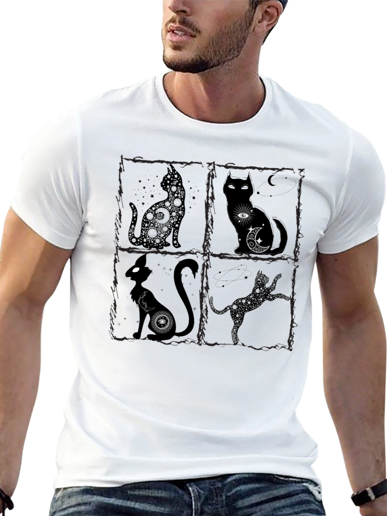 Mystical Cat T-Shirt - Black Crew Neck
