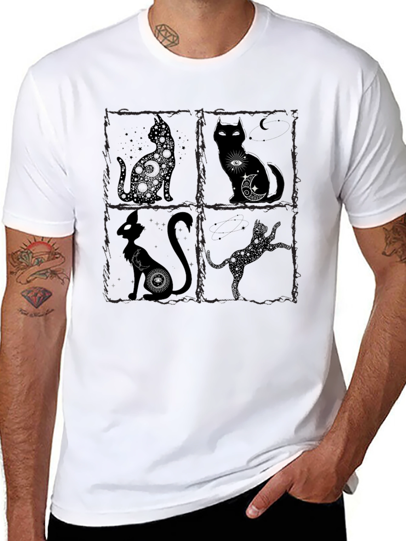 Mystical Cat T-Shirt - Black Crew Neck