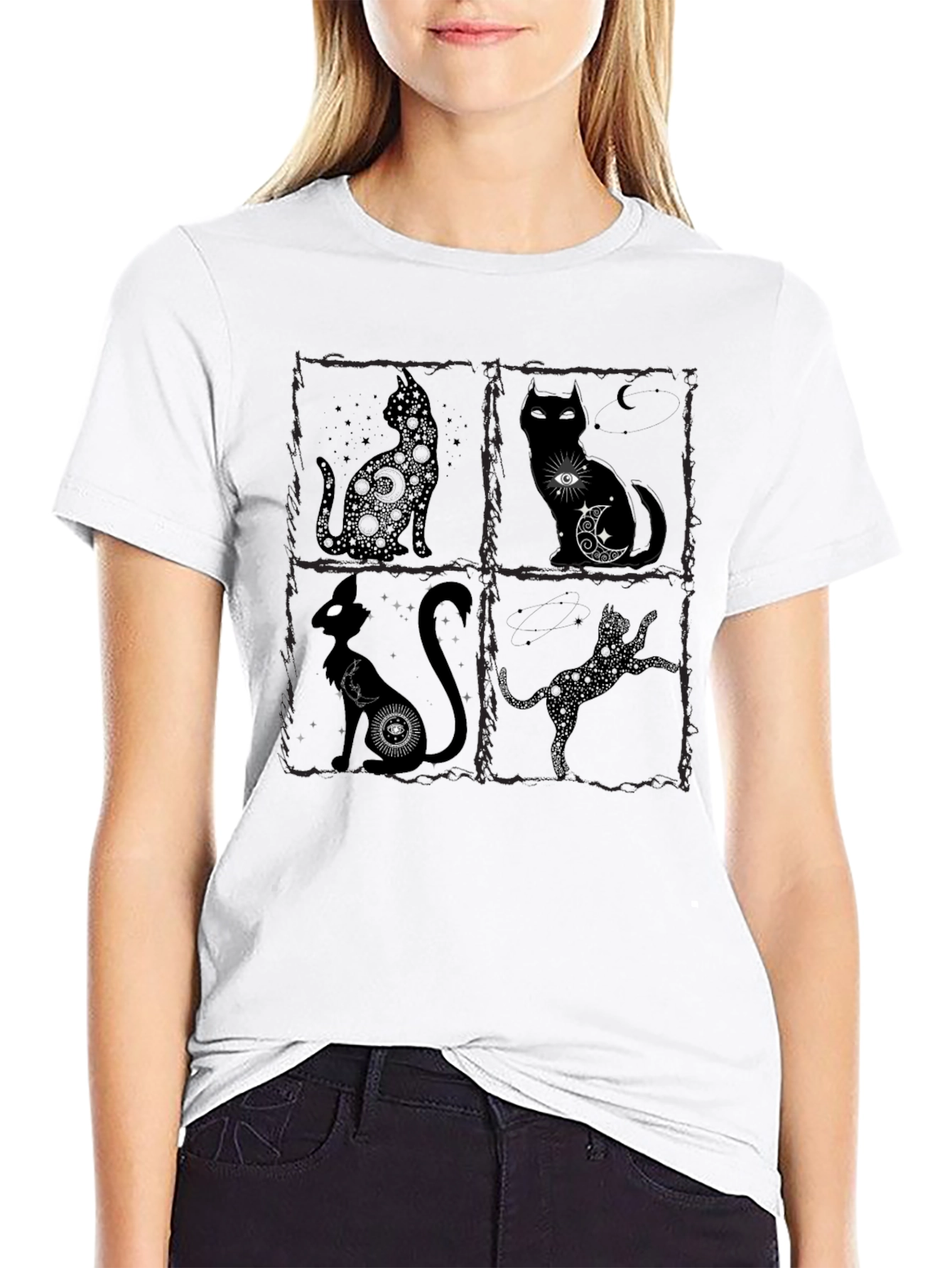 Mystical Cat T-Shirt - Black Crew Neck