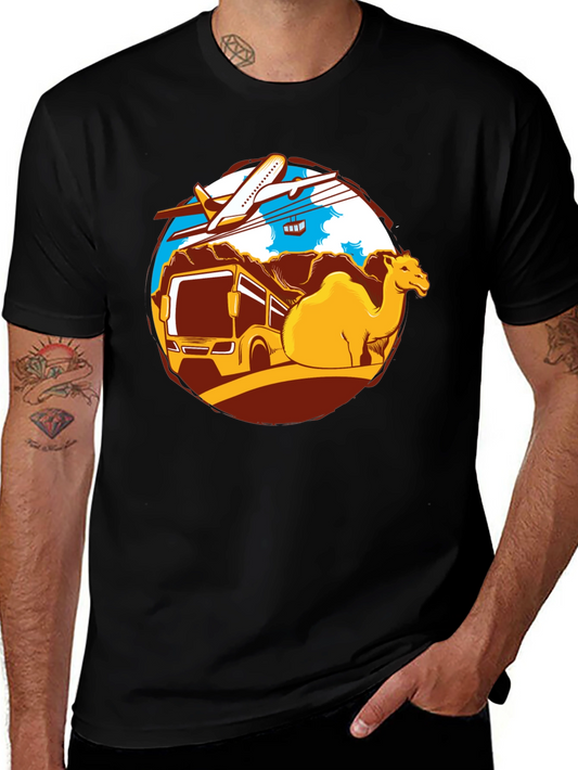 Travel Adventure T-Shirt: Camel Bus Plane Design