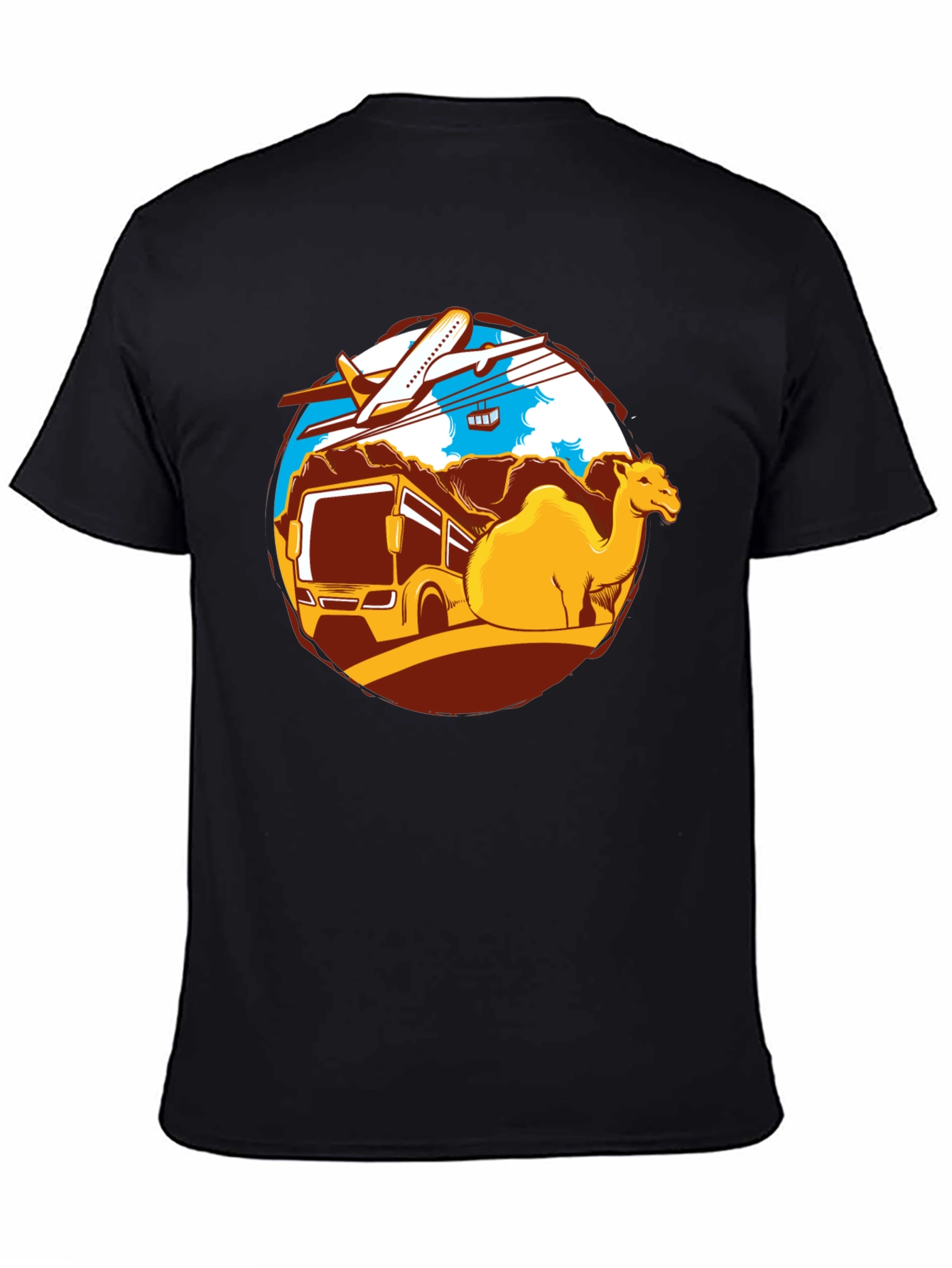 Travel Adventure T-Shirt: Camel Bus Plane Design