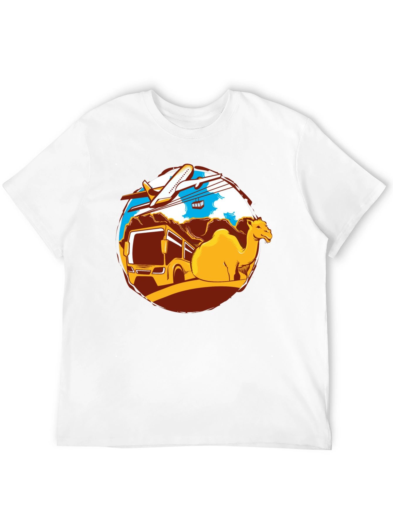 Travel Adventure T-Shirt: Camel Bus Plane Design