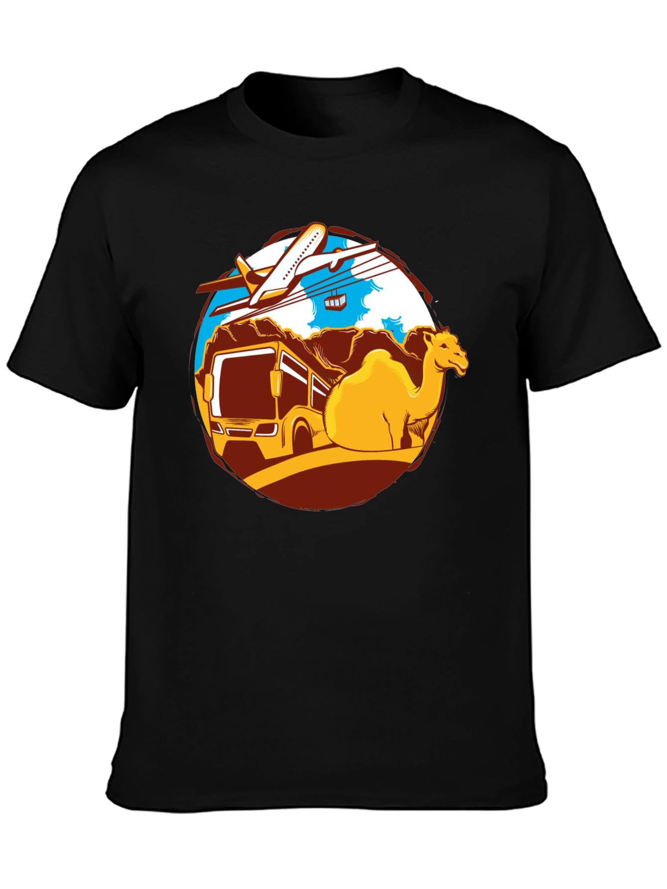 Travel Adventure T-Shirt: Camel Bus Plane Design