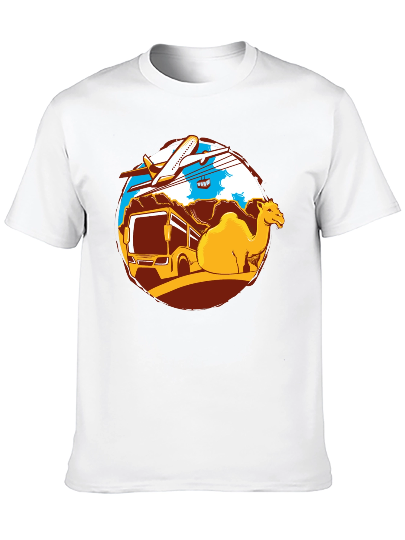 Travel Adventure T-Shirt: Camel Bus Plane Design