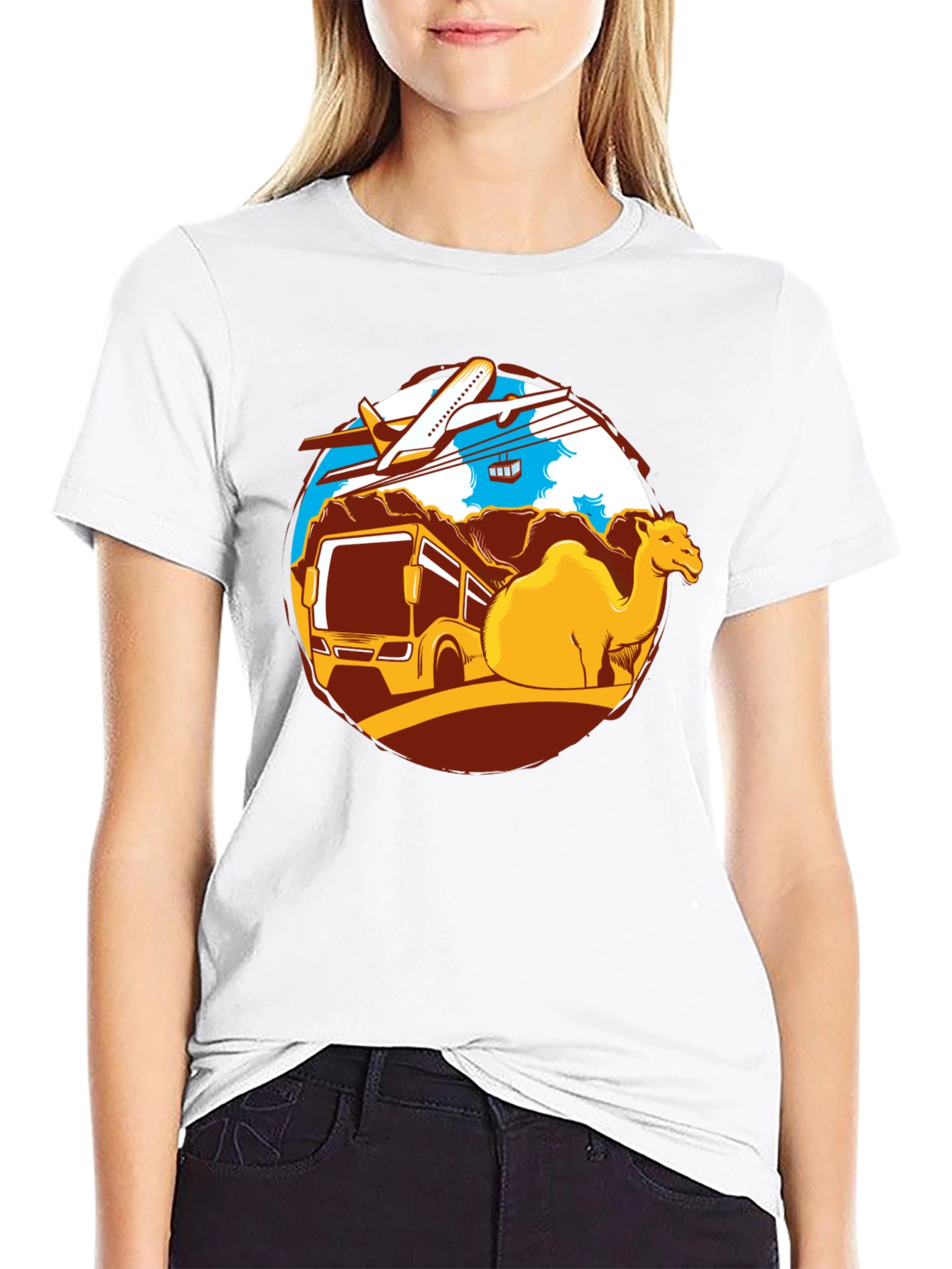 Travel Adventure T-Shirt: Camel Bus Plane Design