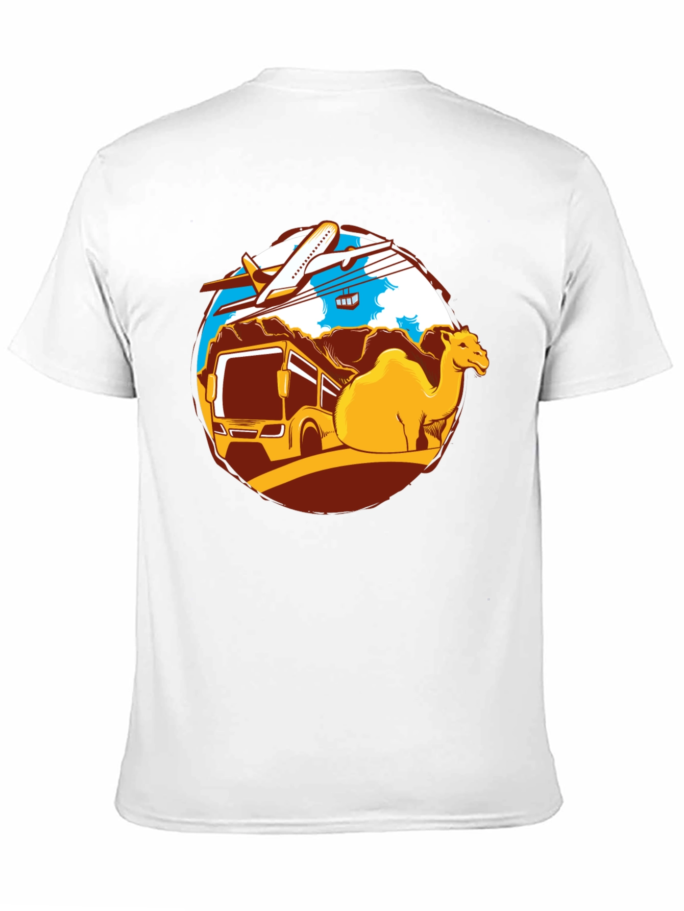 Travel Adventure T-Shirt: Camel Bus Plane Design
