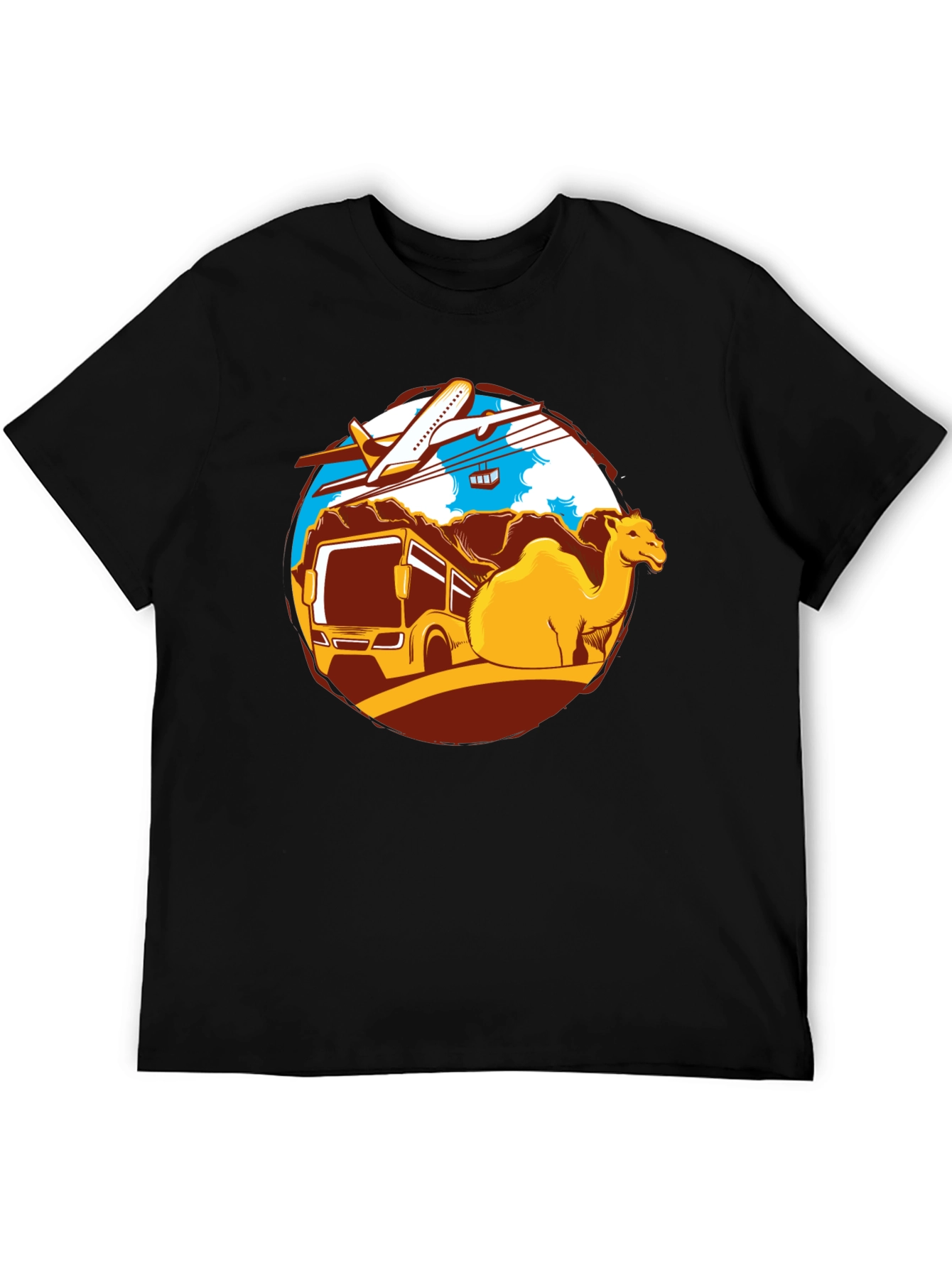 Travel Adventure T-Shirt: Camel Bus Plane Design