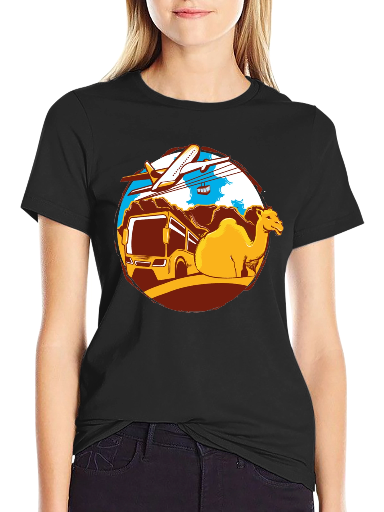 Travel Adventure T-Shirt: Camel Bus Plane Design