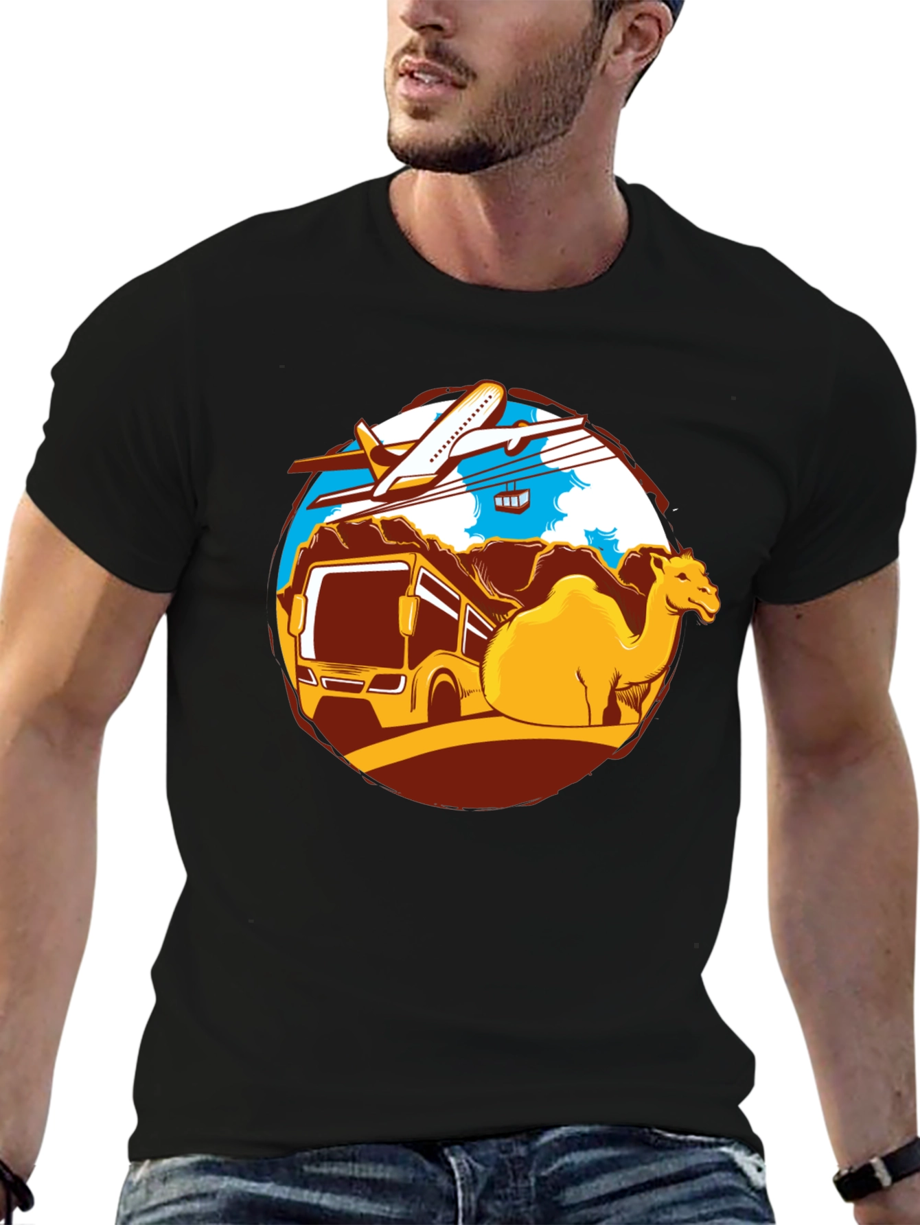 Travel Adventure T-Shirt: Camel Bus Plane Design