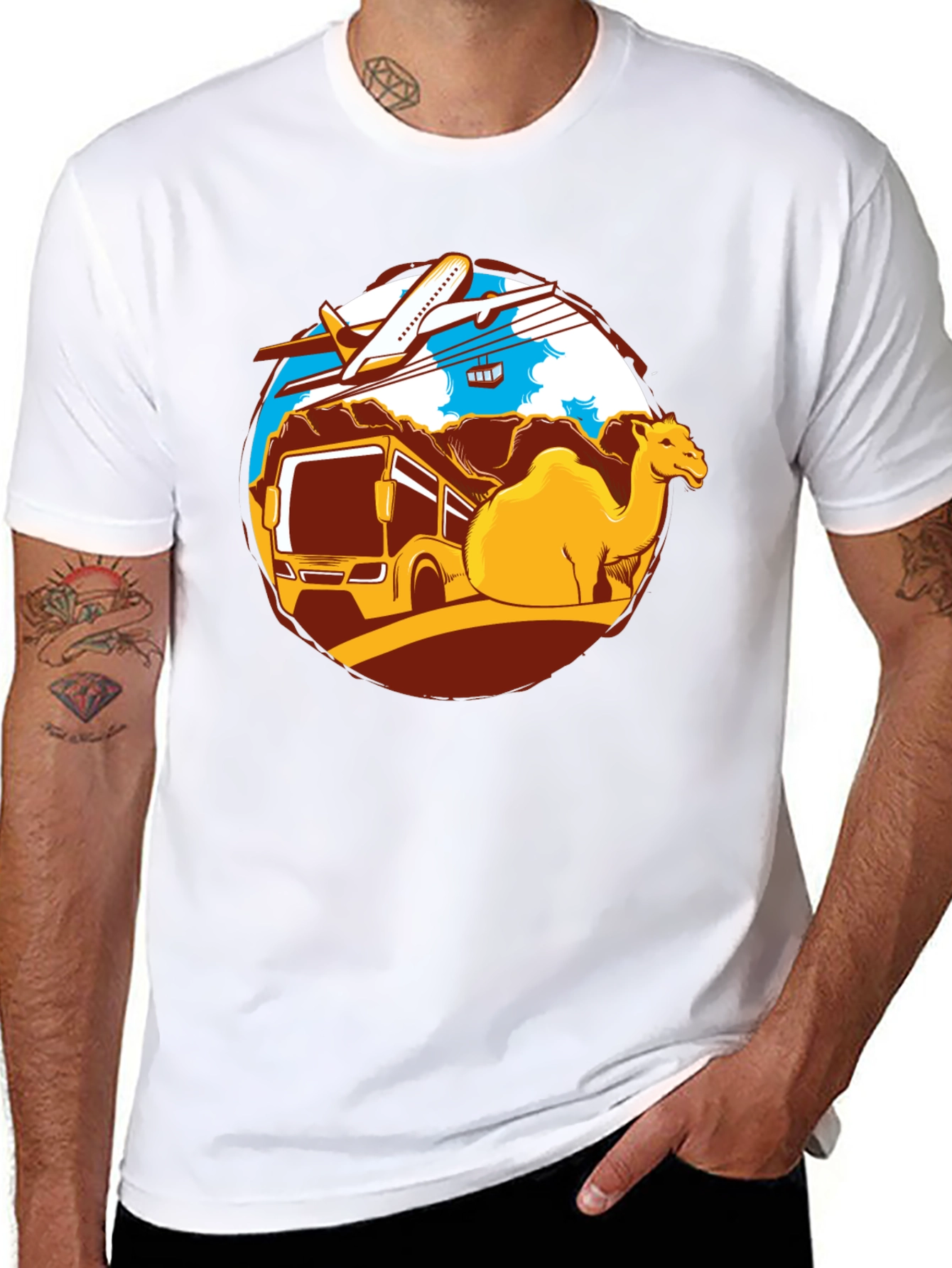 Travel Adventure T-Shirt: Camel Bus Plane Design