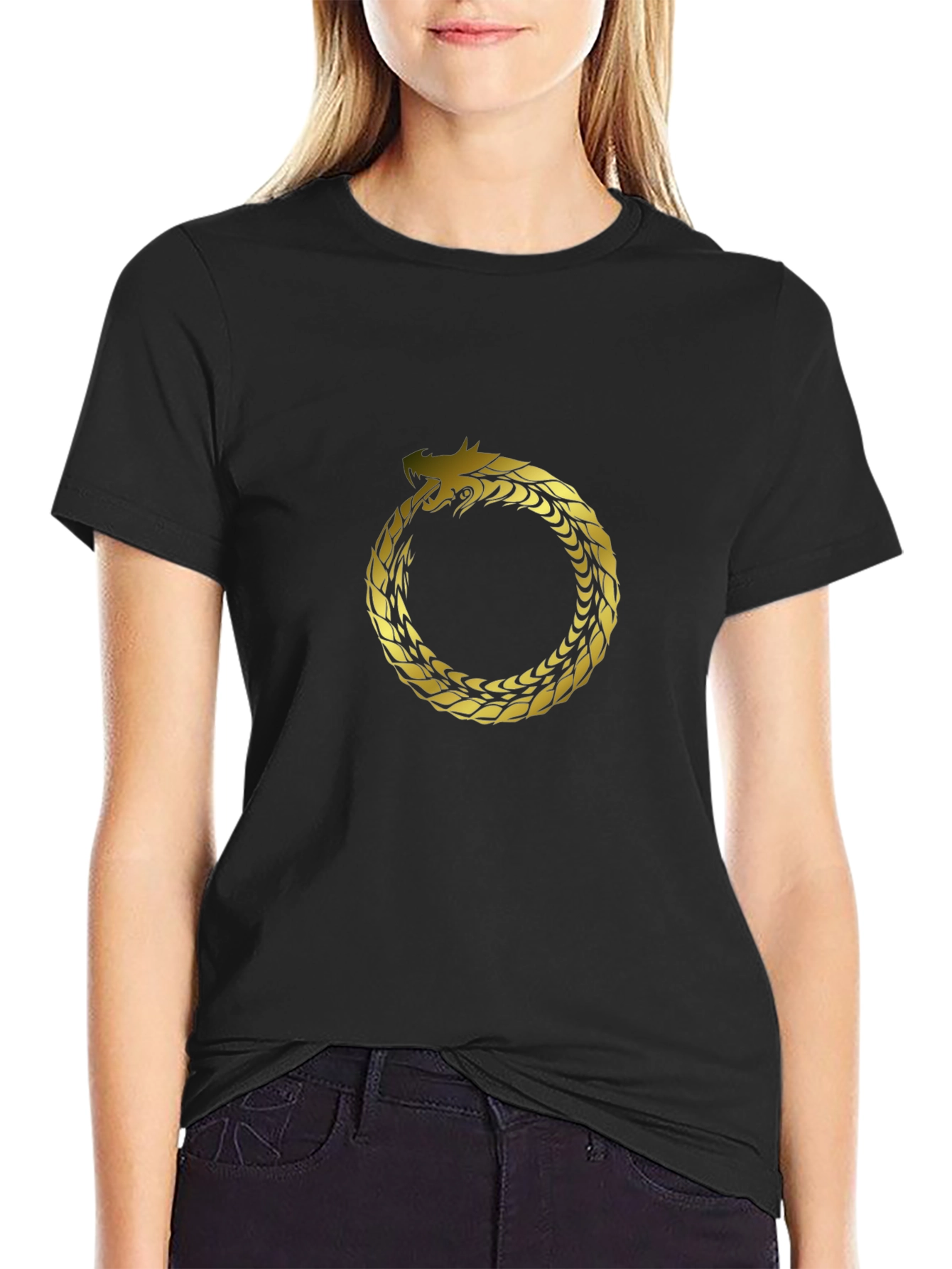 Ouroboros Dragon Tee - Gold Serpent Circle Design