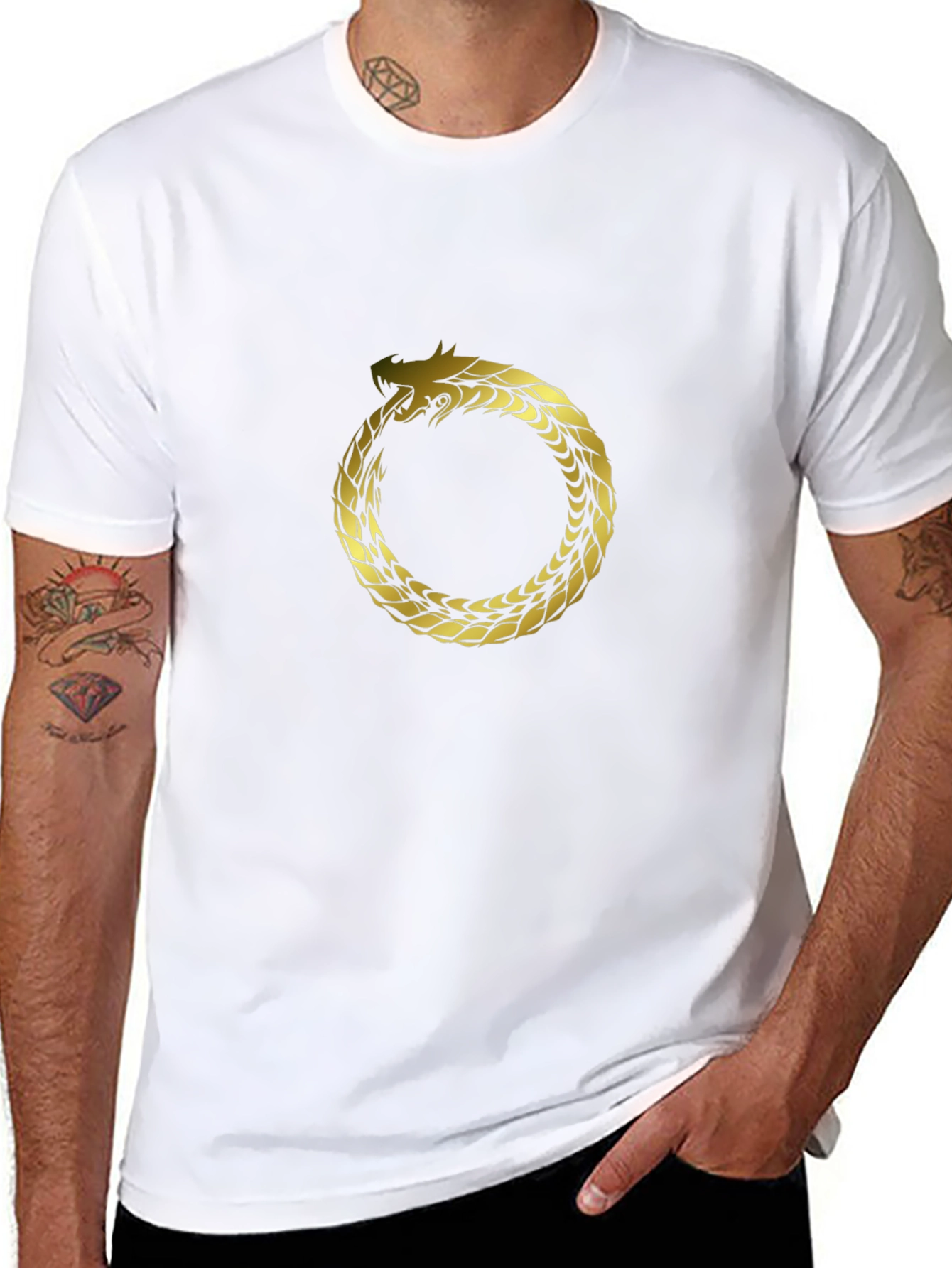 Ouroboros Dragon Tee - Gold Serpent Circle Design