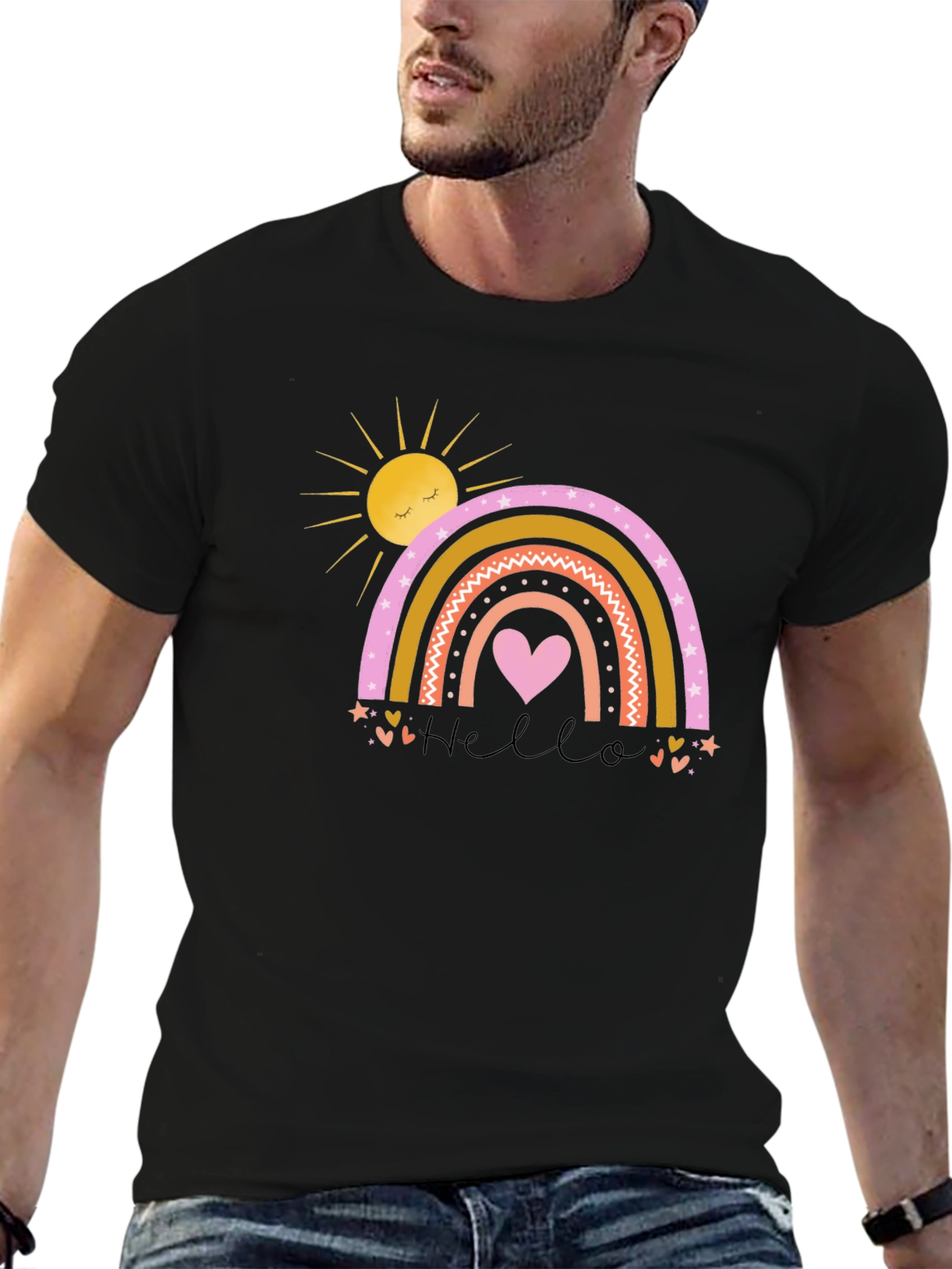 Cute Rainbow Heart Graphic Black T-Shirt